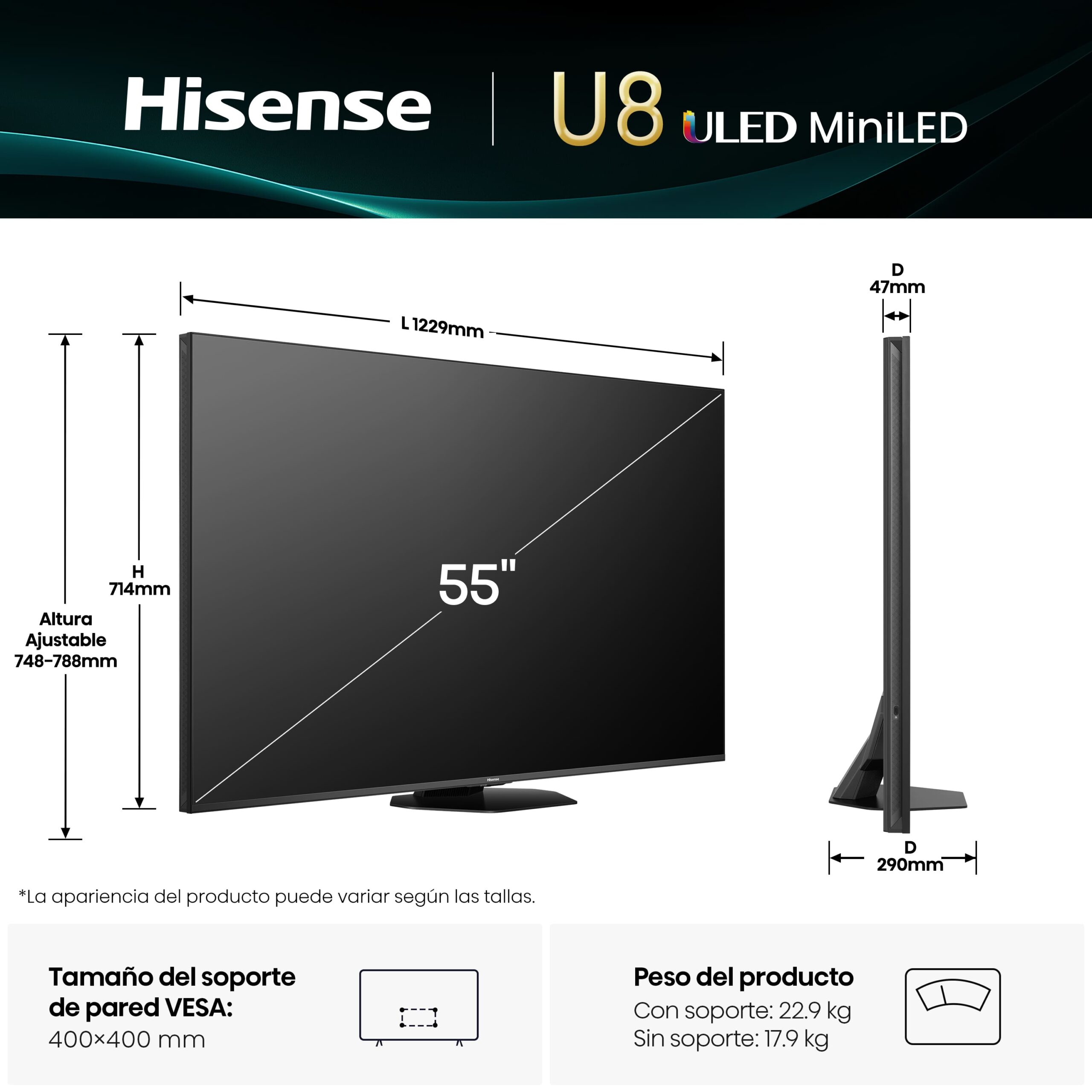Televisor Hisense U8 55 pulgadas con medidas técnicas y diseño delgado