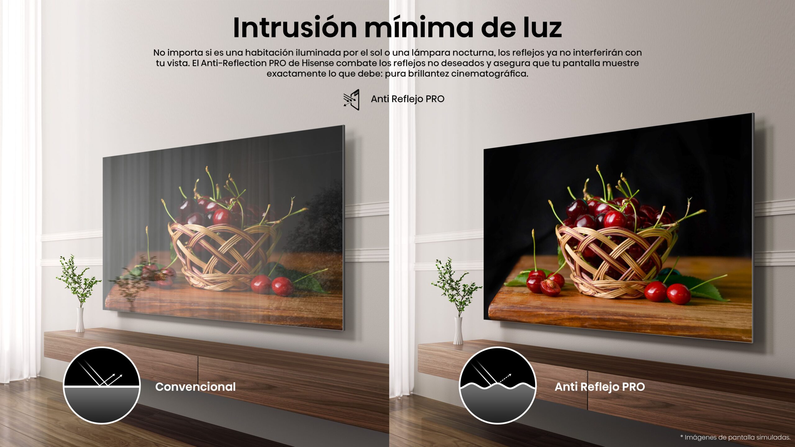Televisor Hisense Anti Reflejo PRO vs convencional en sala con cerezas