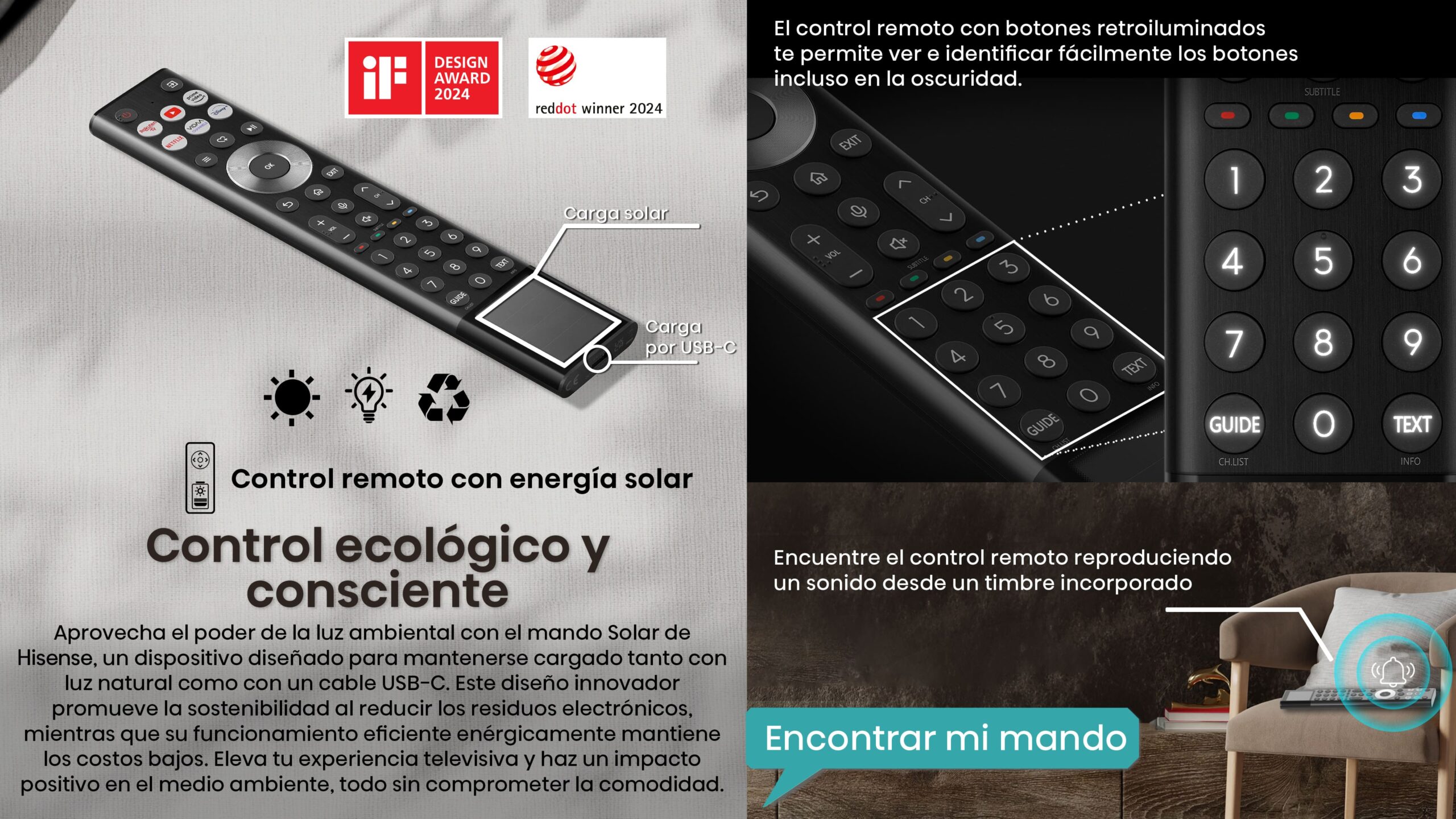 Control remoto solar Hisense con botones retroiluminados y carga USB-C