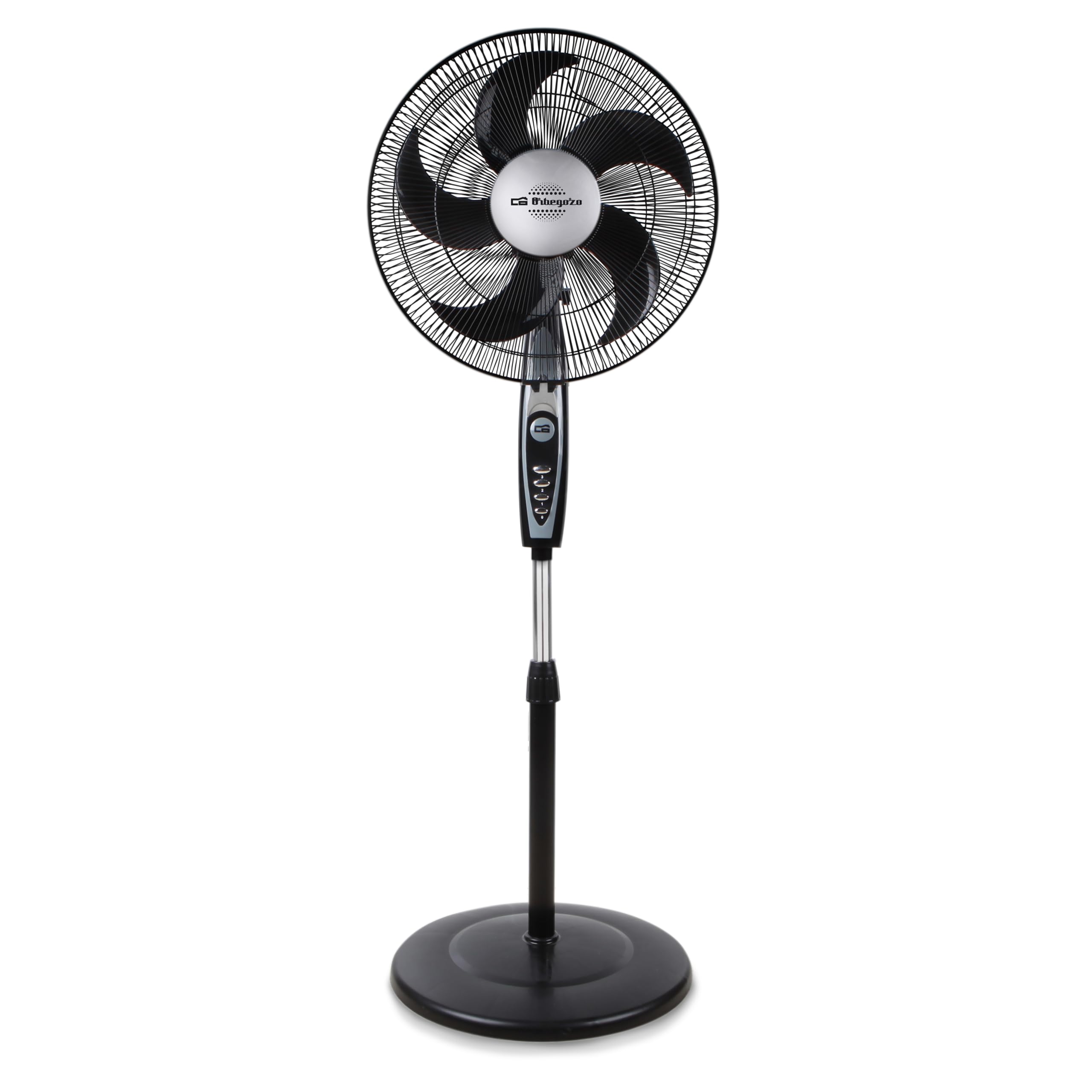 Ventilador de pie Orbegozo negro con 5 aspas, tubo cromado telescópico, panel de control y base redonda