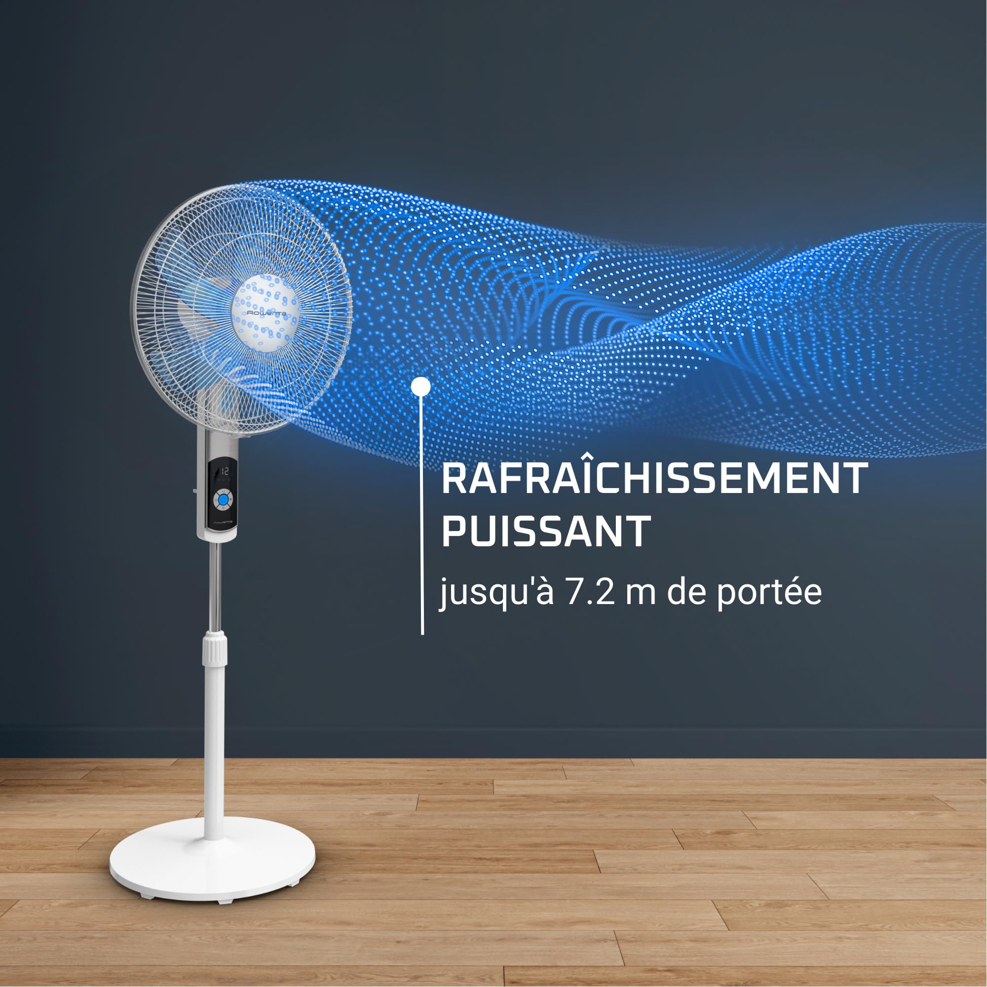 Ventilador de pie Rowenta Turbo Silence blanco con flujo de aire azul de hasta 7,2 metros