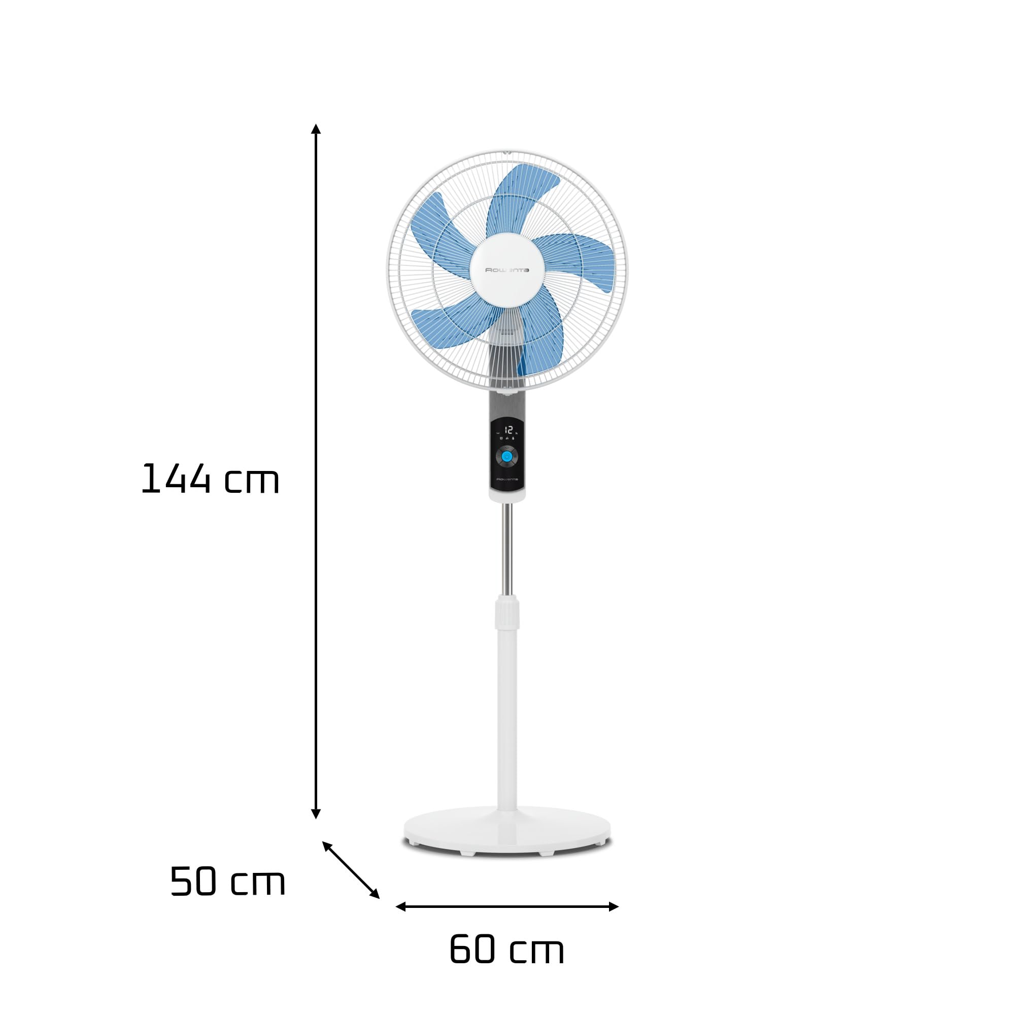 Ventilador de pie Rowenta Turbo Silence blanco con aspas azules, 144 cm de alto, pantalla LED y 12 velocidades