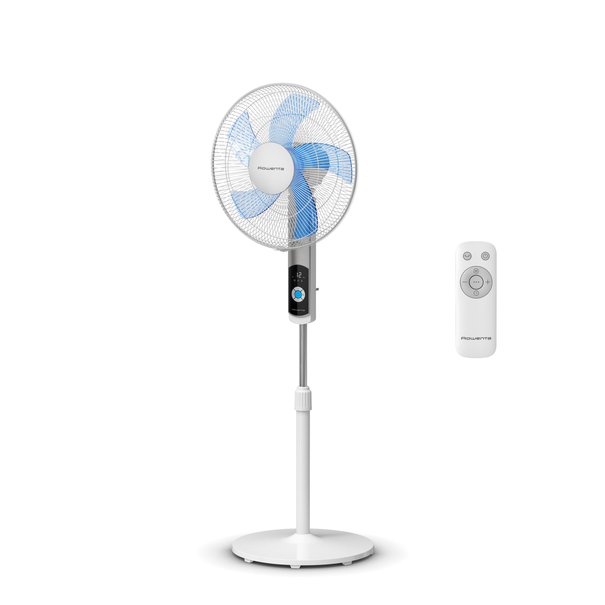 Ventilador de pie Rowenta Turbo Silence blanco con cinco aspas azules, pantalla LED y mando a distancia incluido