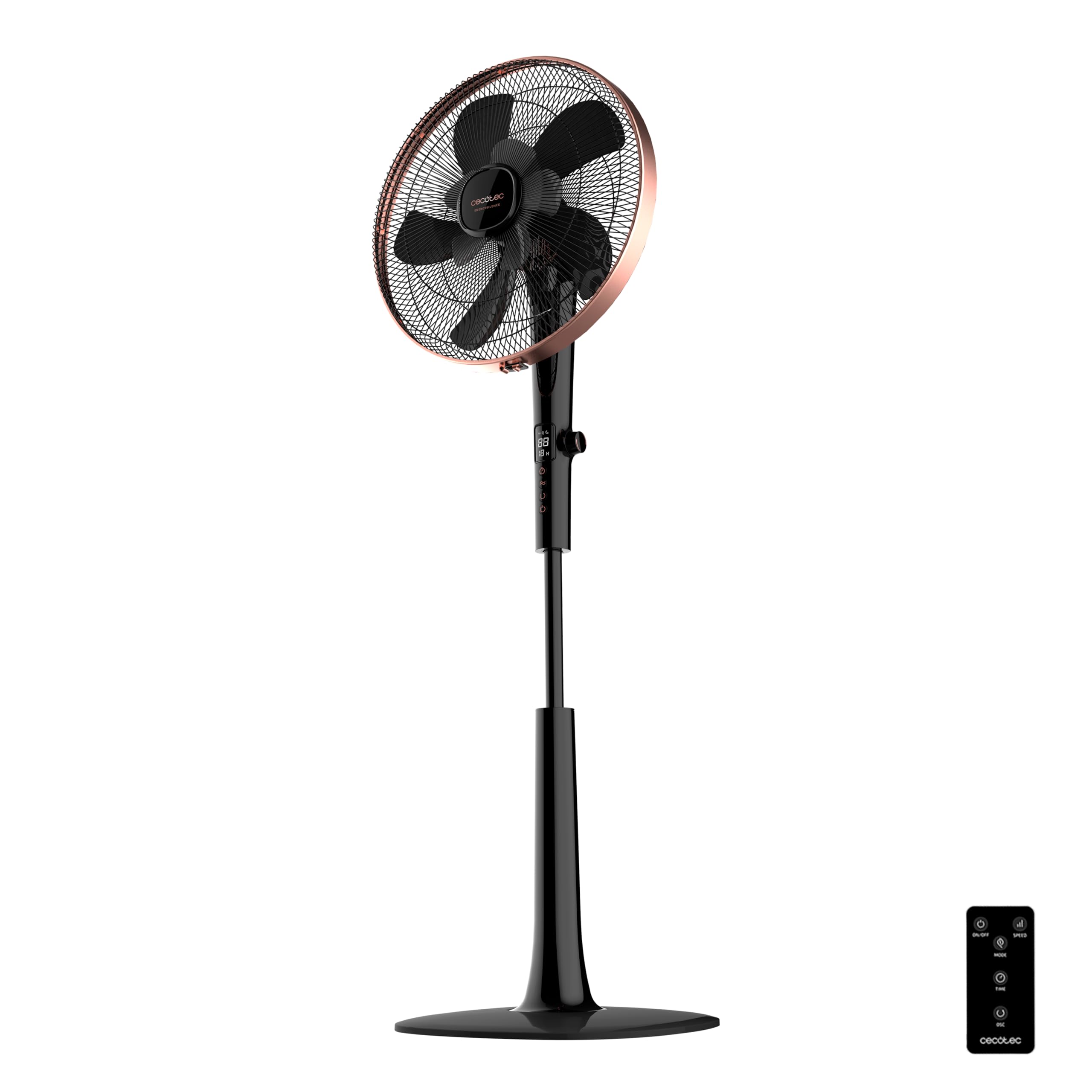 Ventilador de pie Cecotec EnergySilence 1020 ExtremeConnected negro con detalles en cobre y mando a distancia.