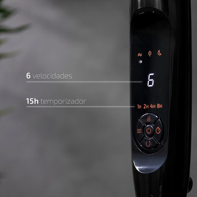 Panel de control de torre ventilador con pantalla digital y 6 velocidades.