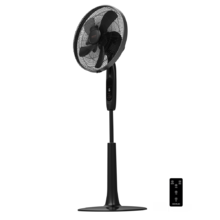 Ventilador de pie negro con mando a distancia, diseño moderno y minimalista.