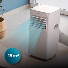 Aire acondicionado portátil blanco con salida de aire azul y manguera flexible, cobertura 15m²