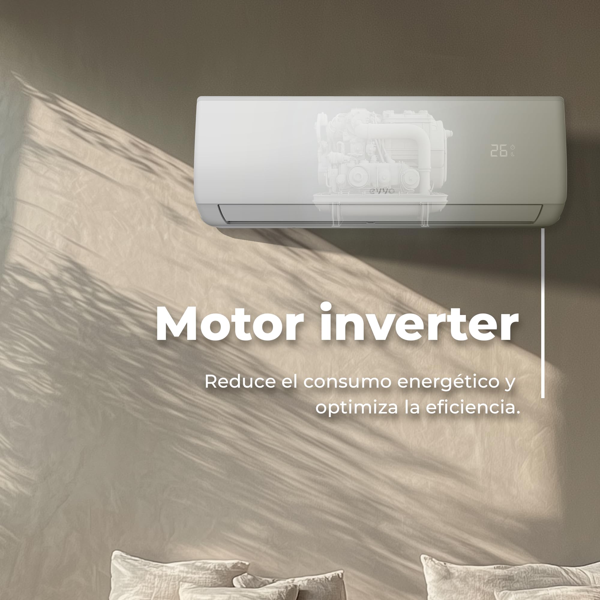 Aire acondicionado split EVVO con motor inverter, montado en pared de salón con decoración tropical