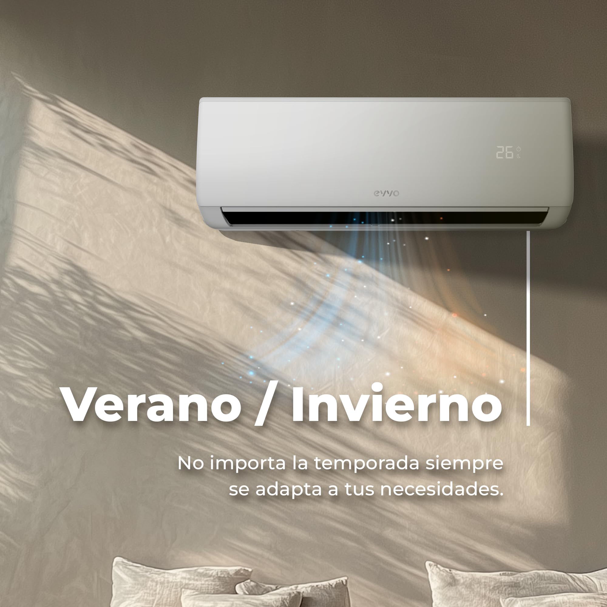 Aire acondicionado split EVVO blanco en pared con flujo de aire frío visible y texto Verano/Invierno