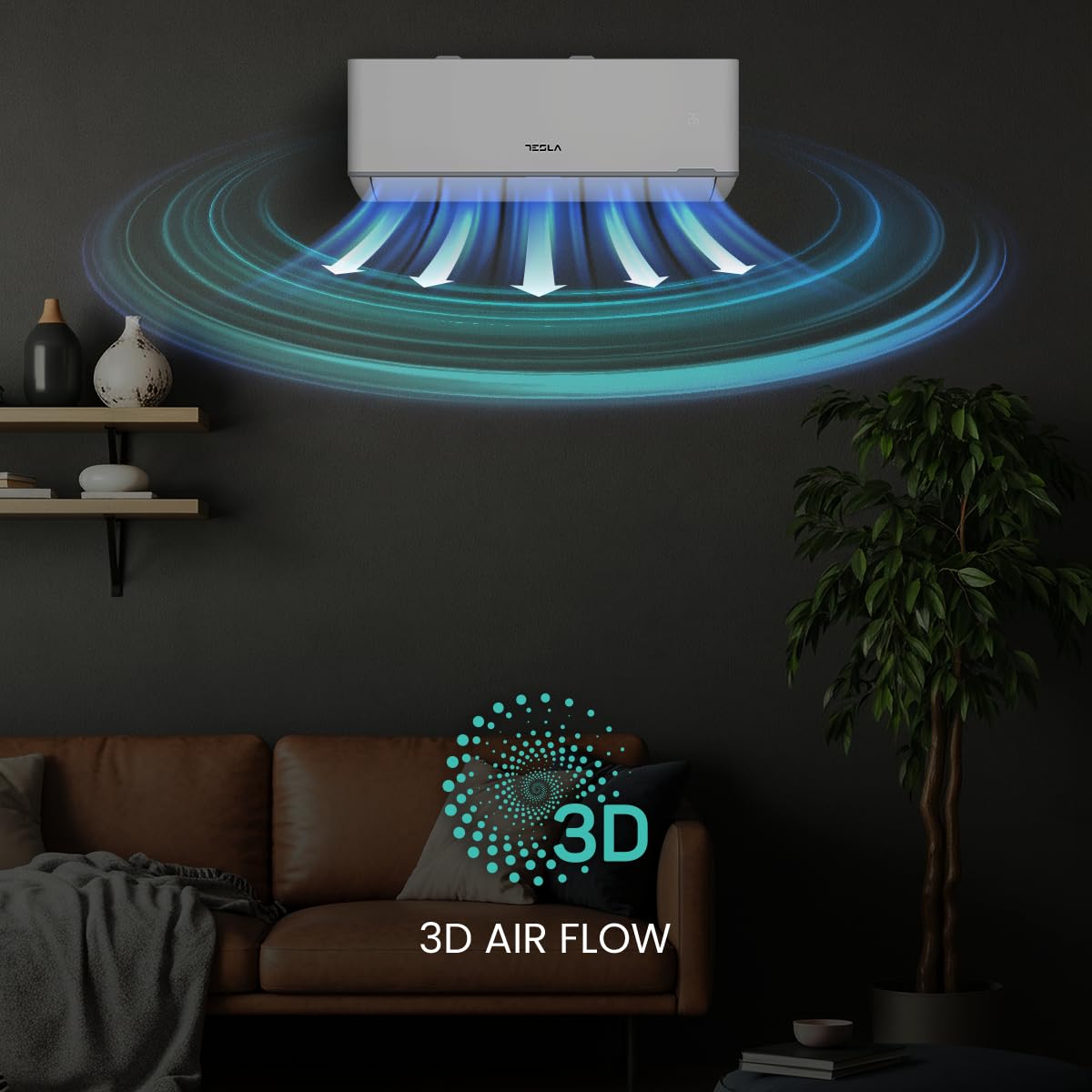 Aire acondicionado split Tesla blanco con función 3D Air Flow en salón moderno.