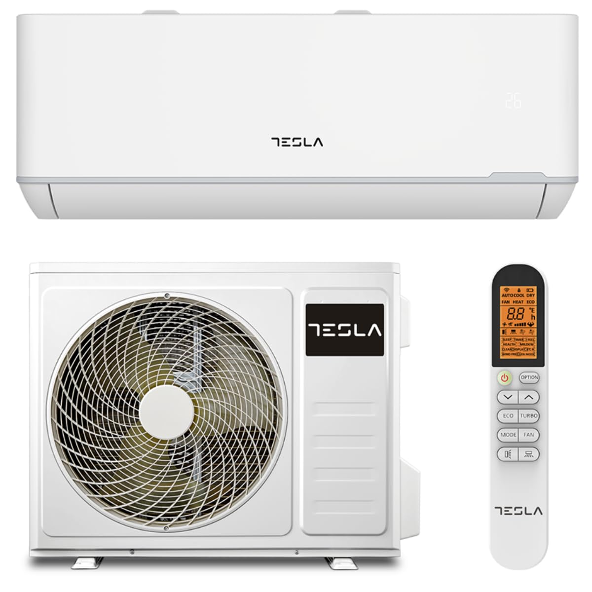 Aire acondicionado split inverter Tesla con unidad interior, exterior y mando a distancia Wi-Fi.