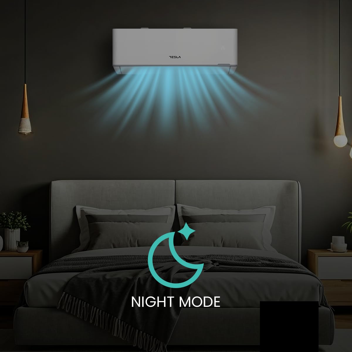 Aire acondicionado split Tesla en dormitorio oscuro con función Night Mode activa y flujo de aire azul.