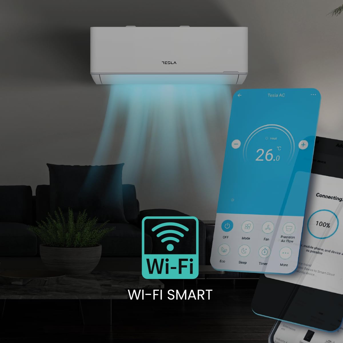 Aire acondicionado split Tesla blanco con control Wi-Fi mediante app móvil en salón moderno.