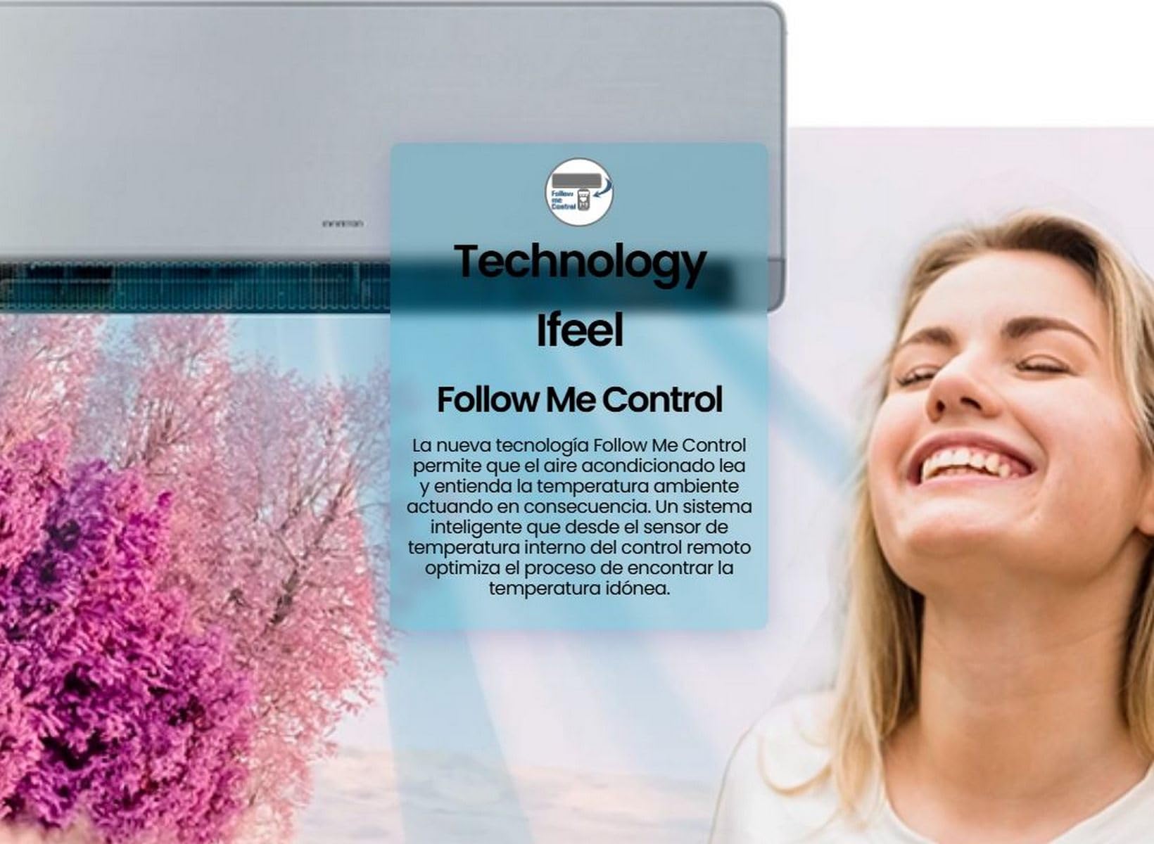 Aire acondicionado INFINITON con tecnología Ifeel y Follow Me Control junto a mujer sonriendo