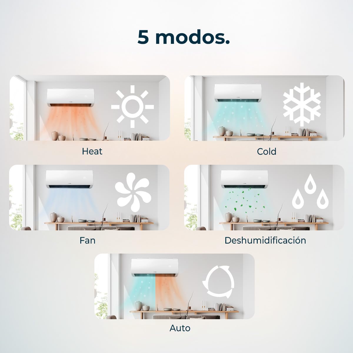 Cecotec AirClima 9000 Smartfresh split con sus 5 modos: calor, frío, ventilador, deshumidificación y automático