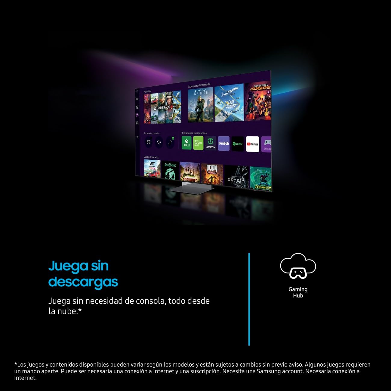 Samsung TV 55 pulgadas mostrando Gaming Hub en fondo negro