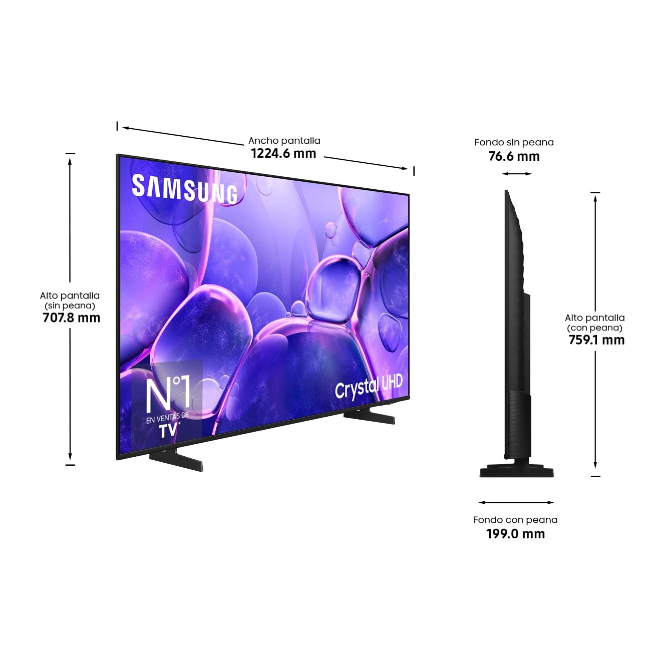 Samsung TV 55 pulgadas Crystal UHD con dimensiones precisas en fondo blanco