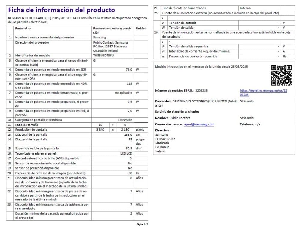 Ficha técnica del Samsung TV 55 pulgadas Crystal UHD U8075F en fondo blanco