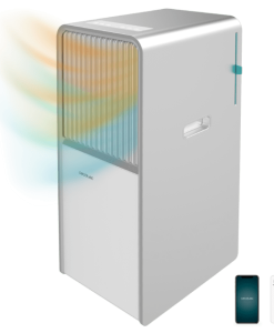 Aire acondicionado portátil blanco con control remoto en fondo blanco