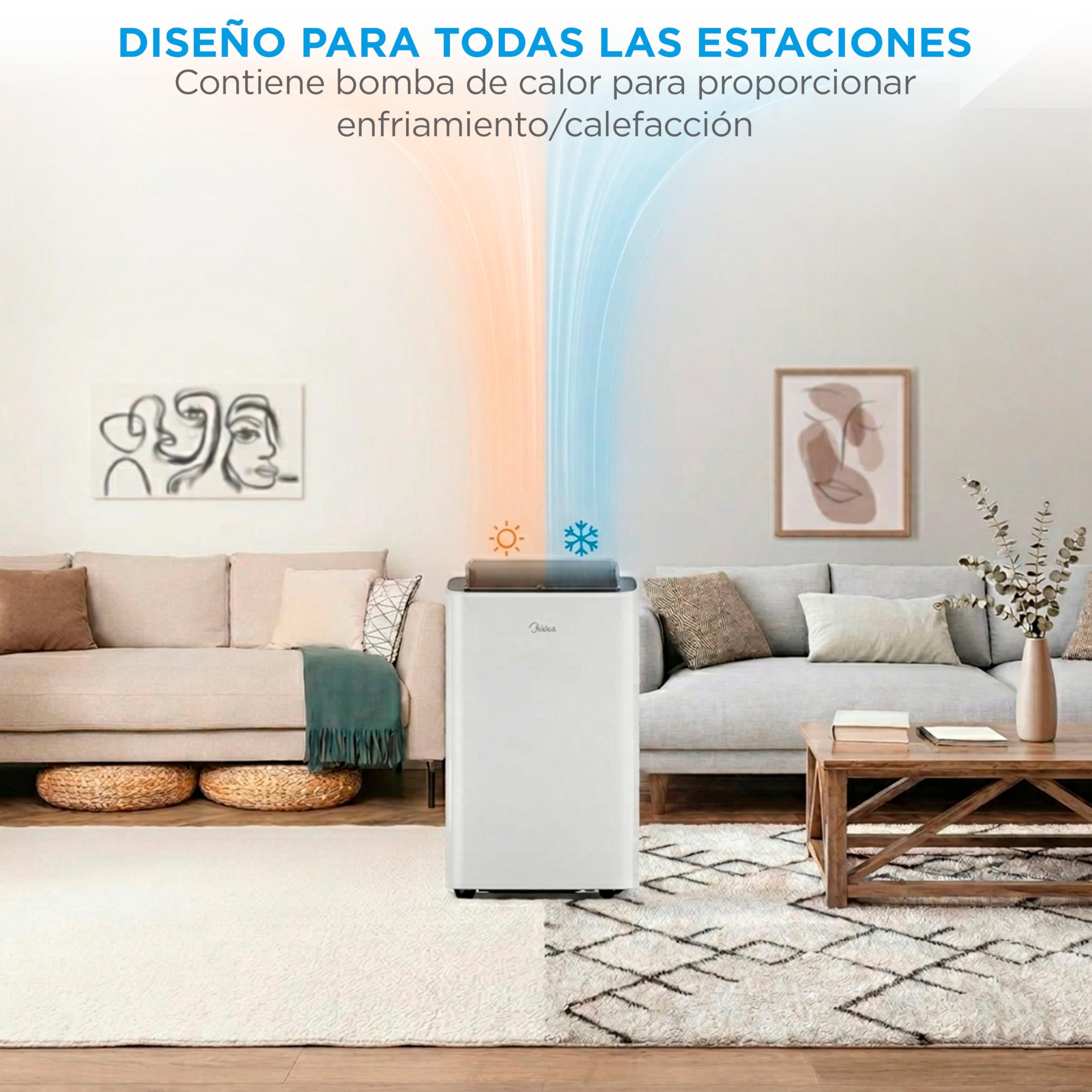 Aire acondicionado portátil Midea con flujo de aire frío y cálido en una sala de estar