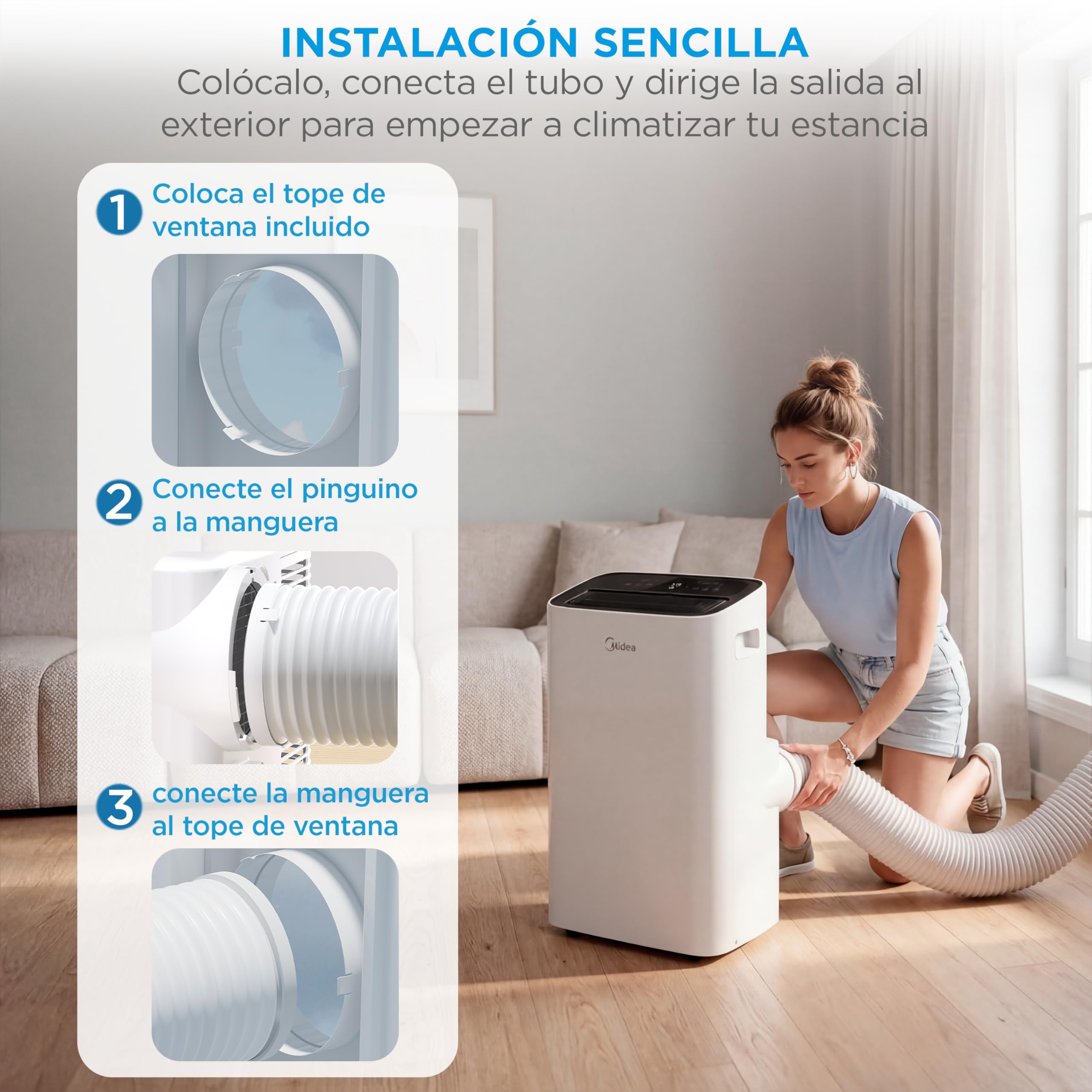 Mujer instalando aire acondicionado portátil MIDEA con kit de ventana en sala de estar