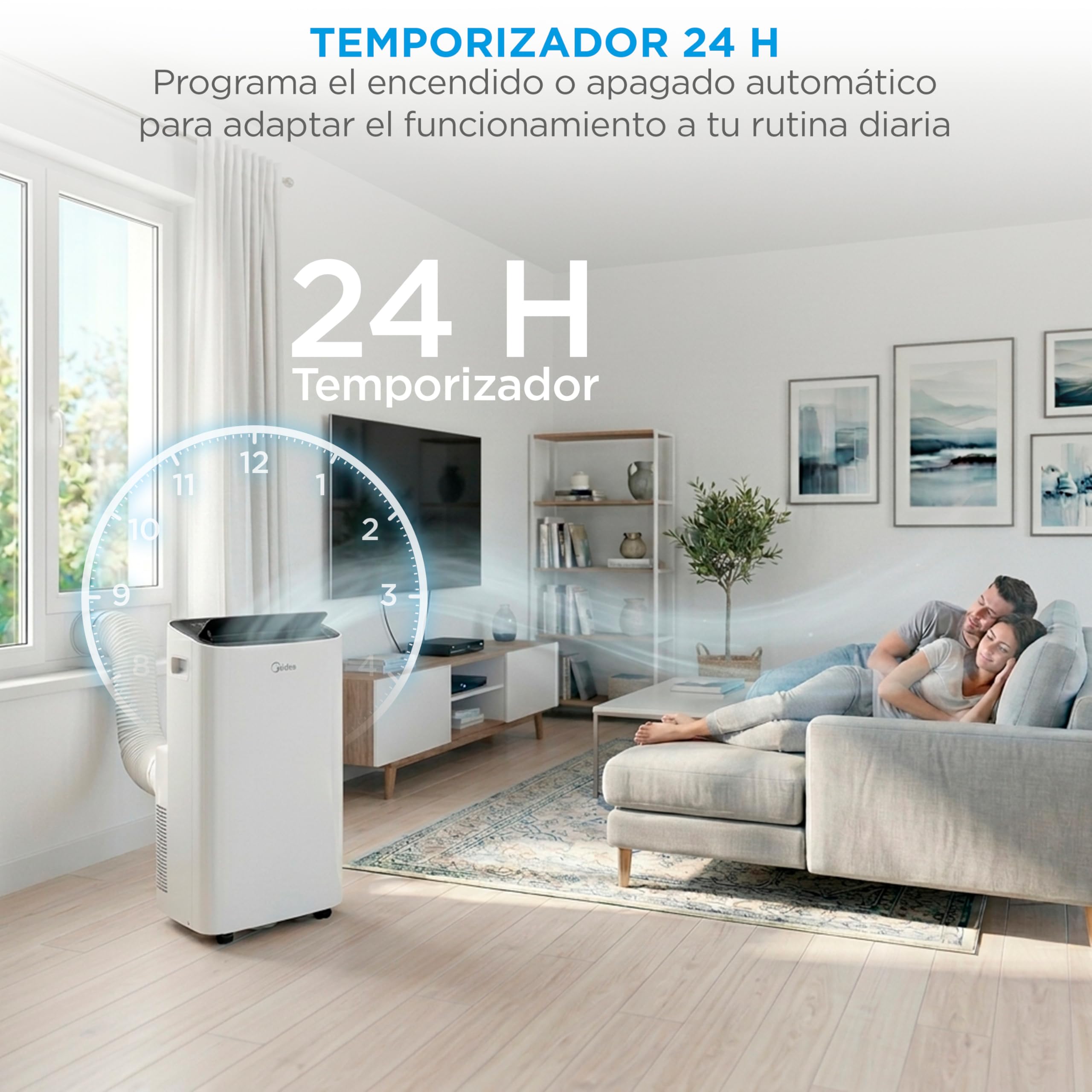 Aire acondicionado portátil MIDEA con temporizador de 24 horas en una sala de estar moderna