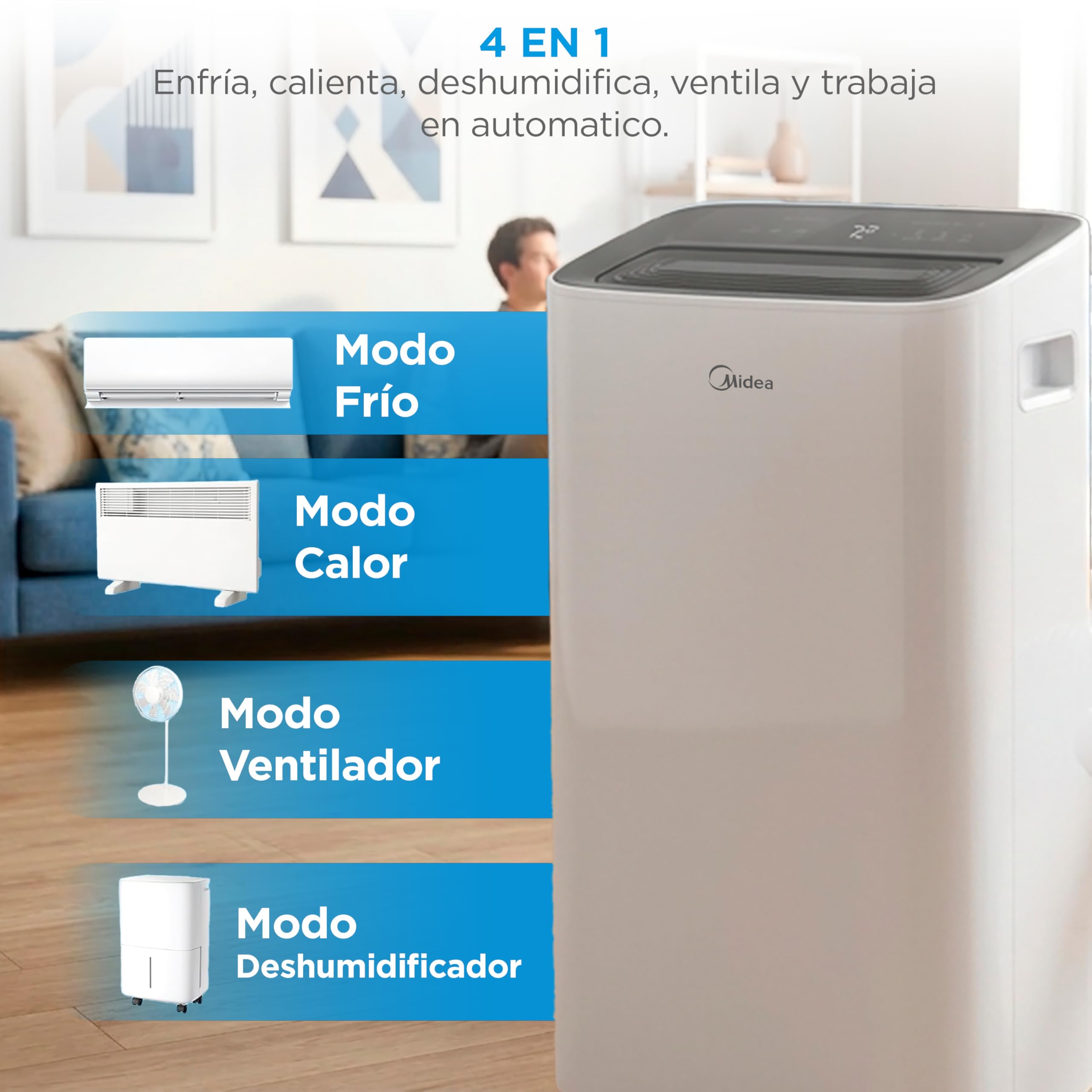 Aire acondicionado portátil MIDEA con modos de frío, calor, ventilador y deshumidificador