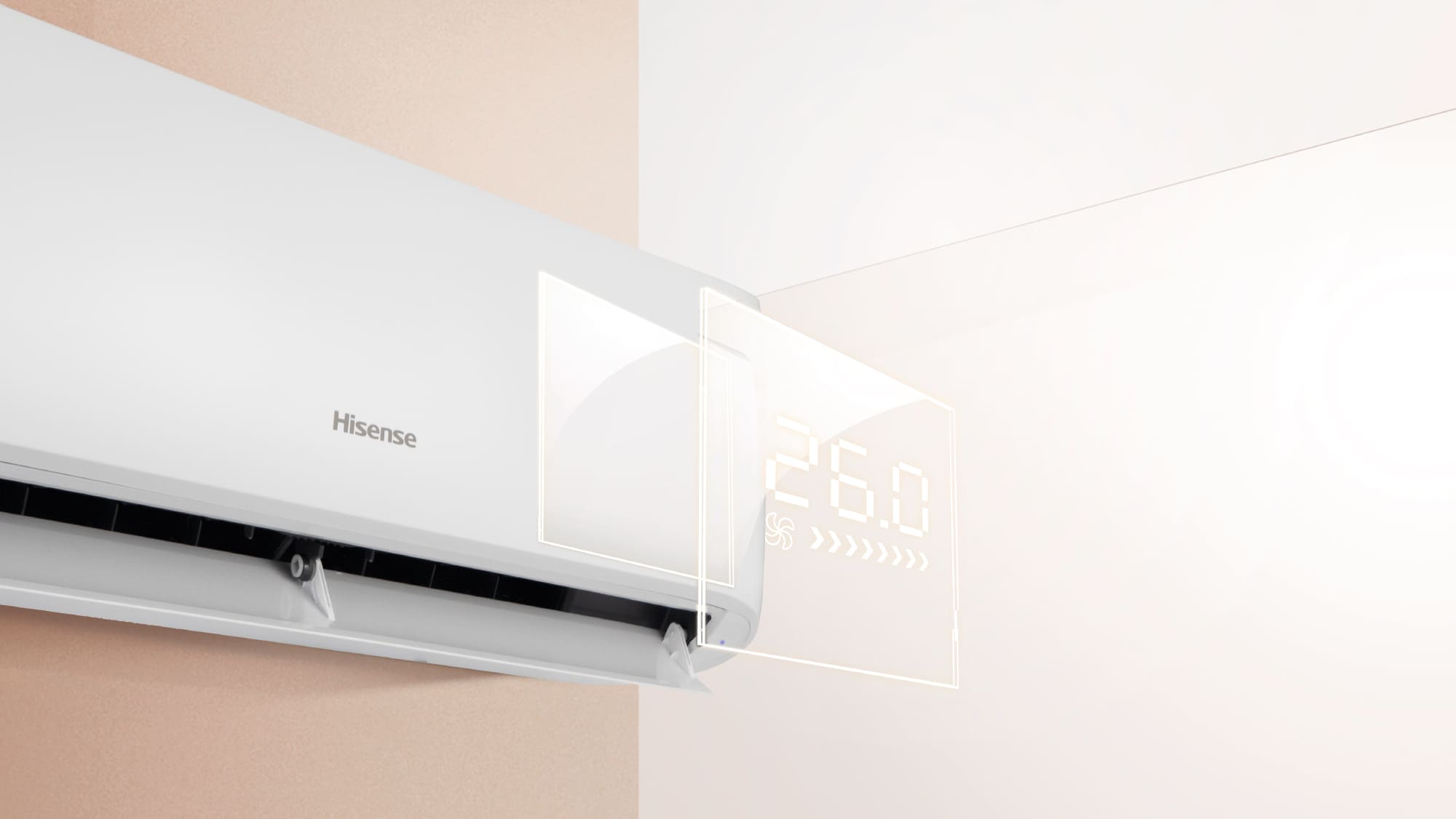 Aire acondicionado Hisense con panel digital desplegado