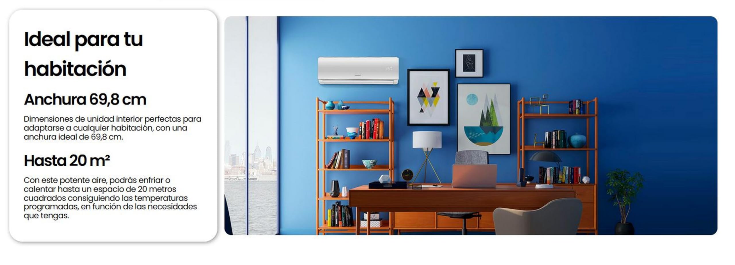 Aire acondicionado INFINITON blanco instalado en una moderna oficina en casa con pared azul.