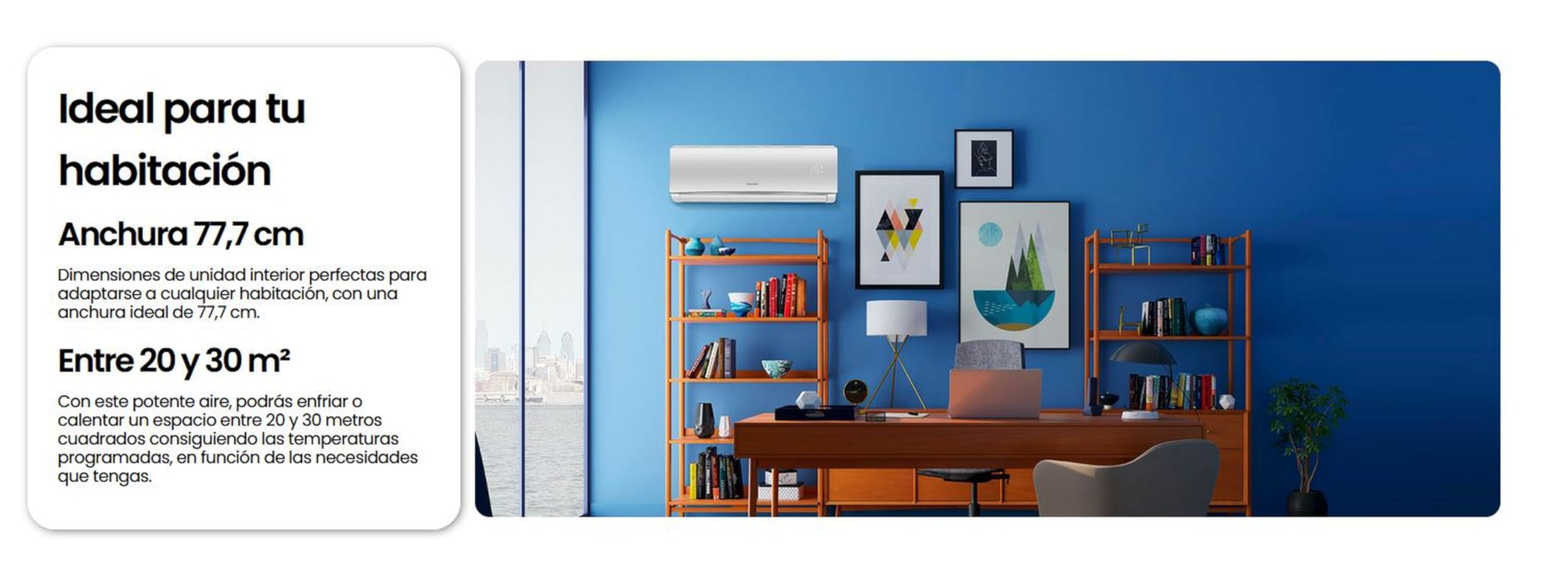 Aire acondicionado INFINITON blanco en una oficina moderna con pared azul.