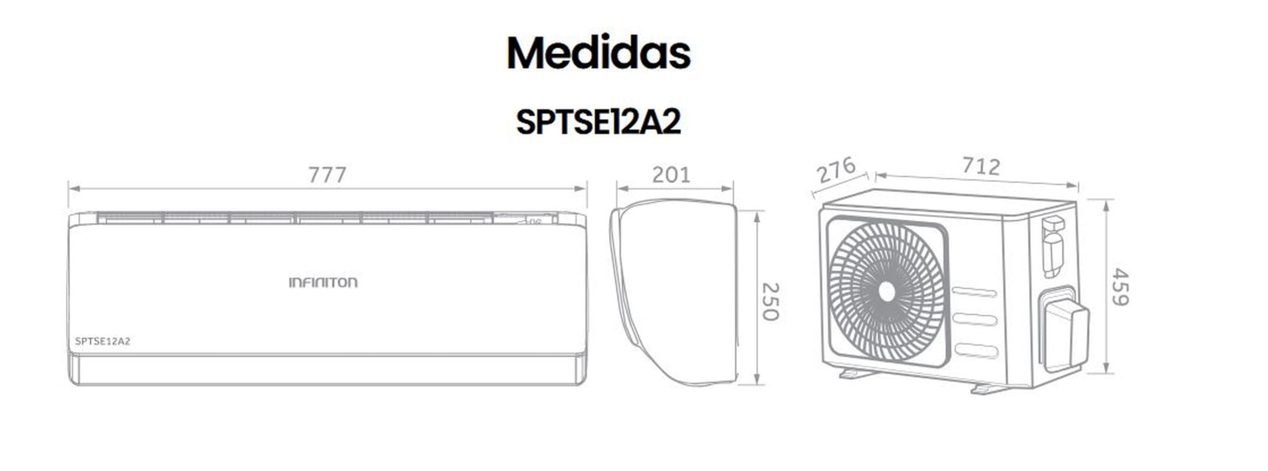 Diagrama de dimensiones del aire acondicionado INFINITON SPTSE12A2.