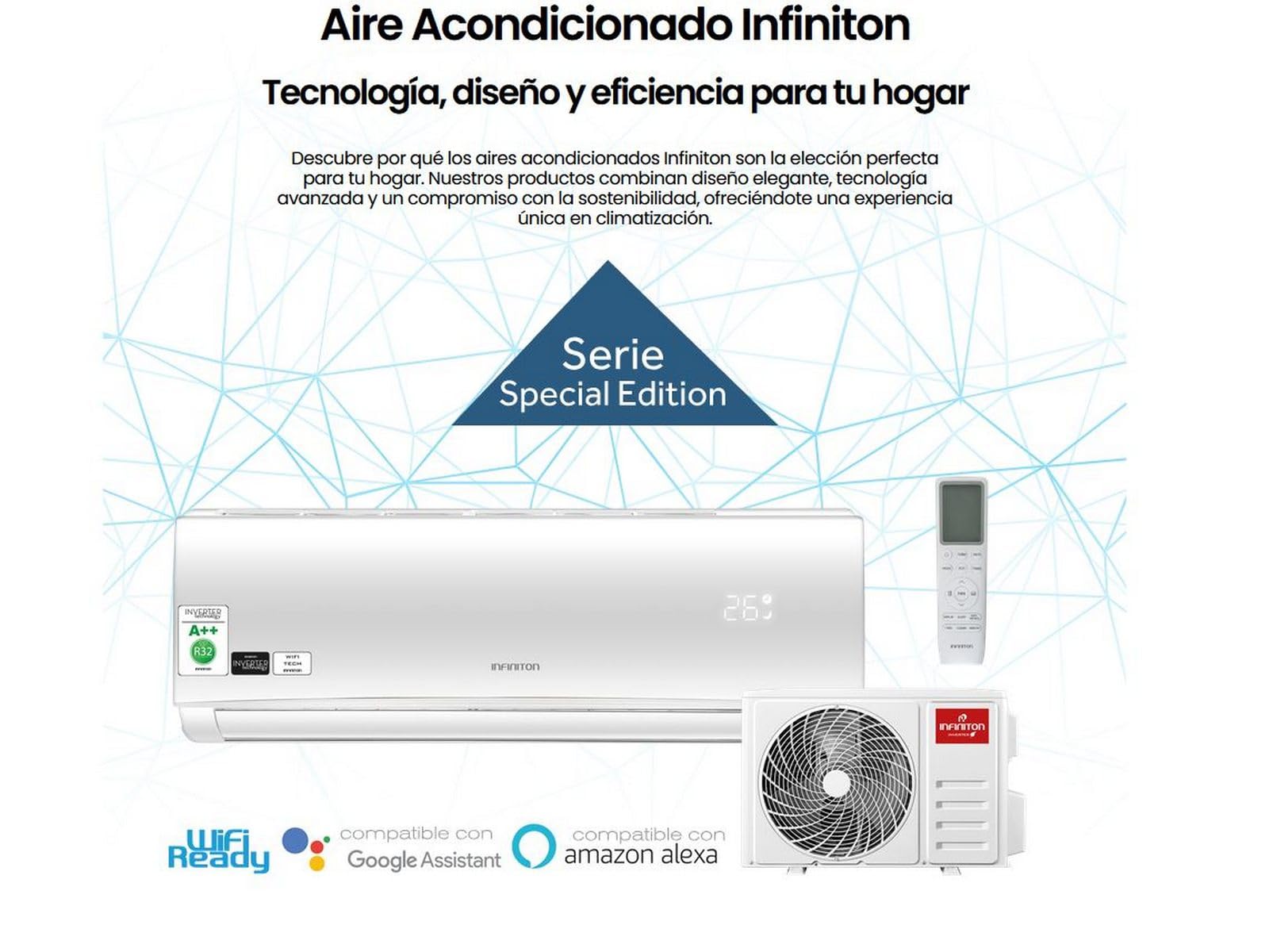 Aire acondicionado Infiniton de 12000 BTU con Wi‑Fi y control remoto.