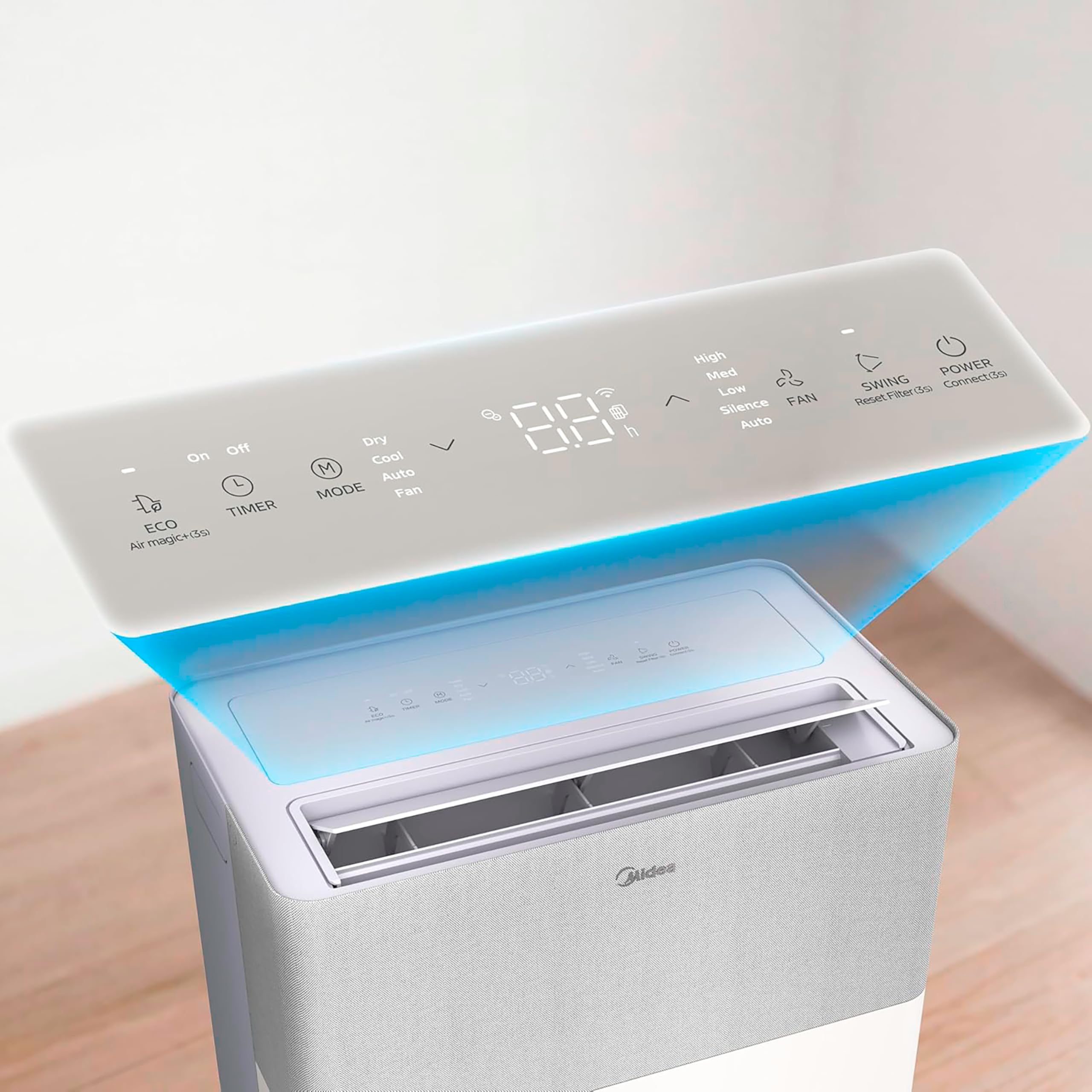 Panel de control del aire acondicionado portátil Midea con pantalla LED azul