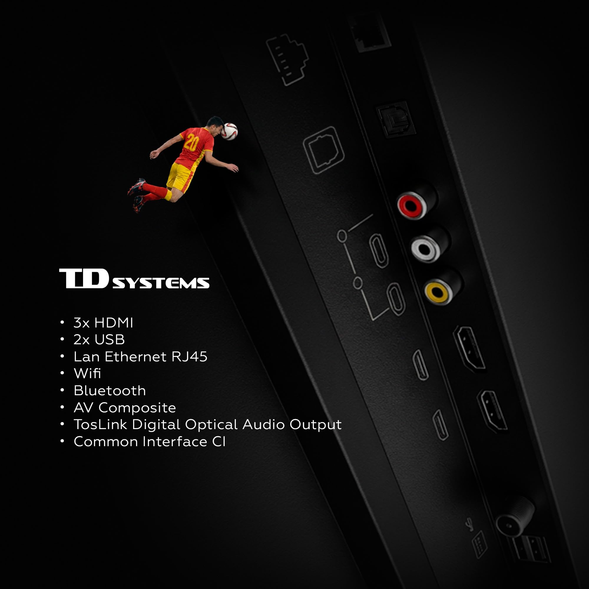 Vista cercana de los puertos HDMI, USB y Ethernet del televisor TD Systems