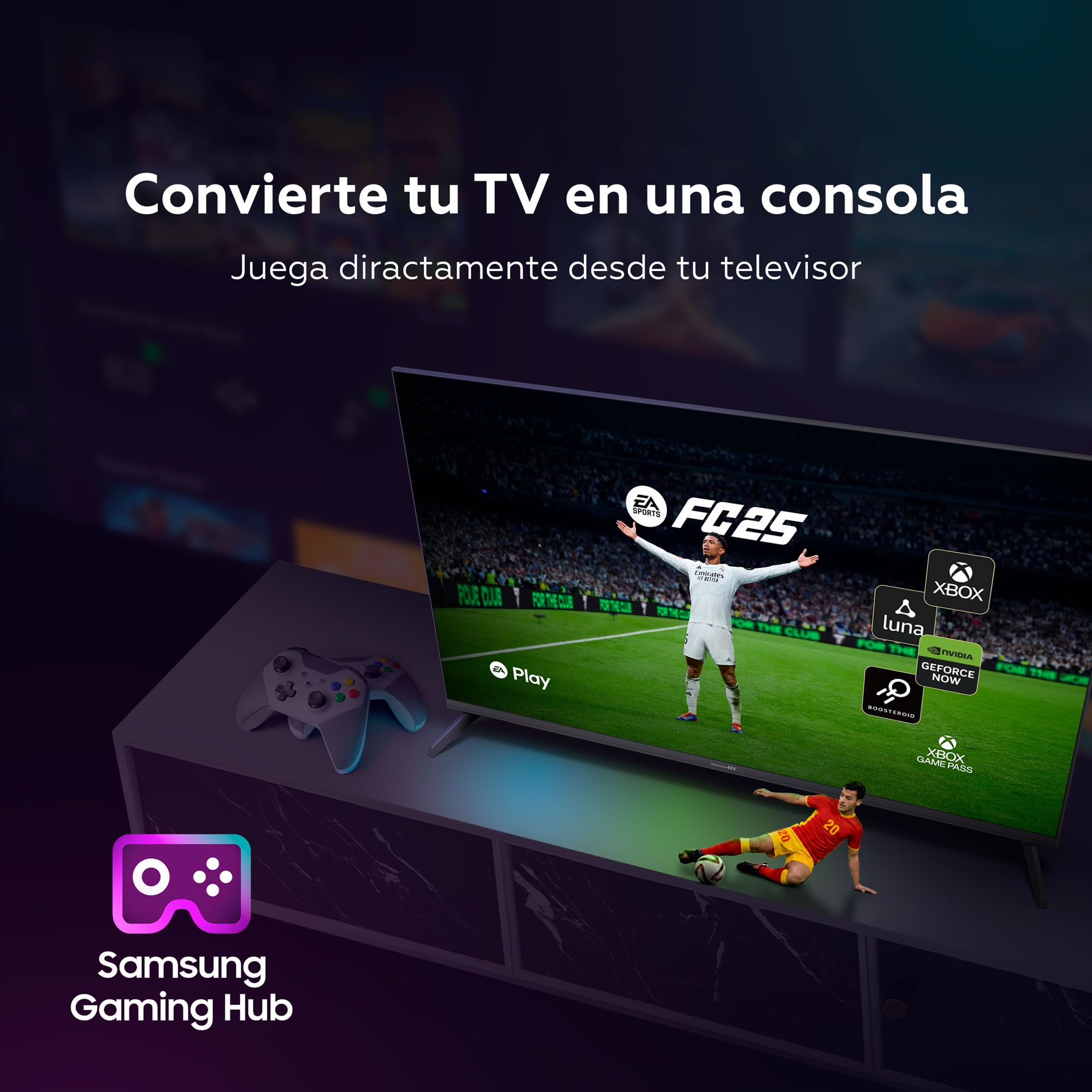 Smart TV 40 pulgadas mostrando juegos en pantalla con mando y logo Samsung Gaming Hub
