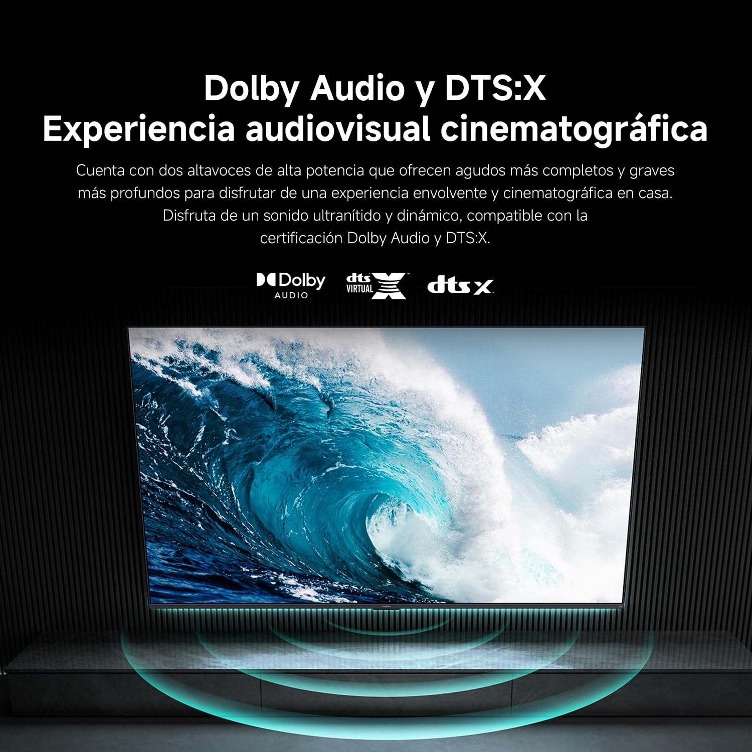 Televisor con tecnología Dolby Audio y DTS:X reproduciendo una ola gigante
