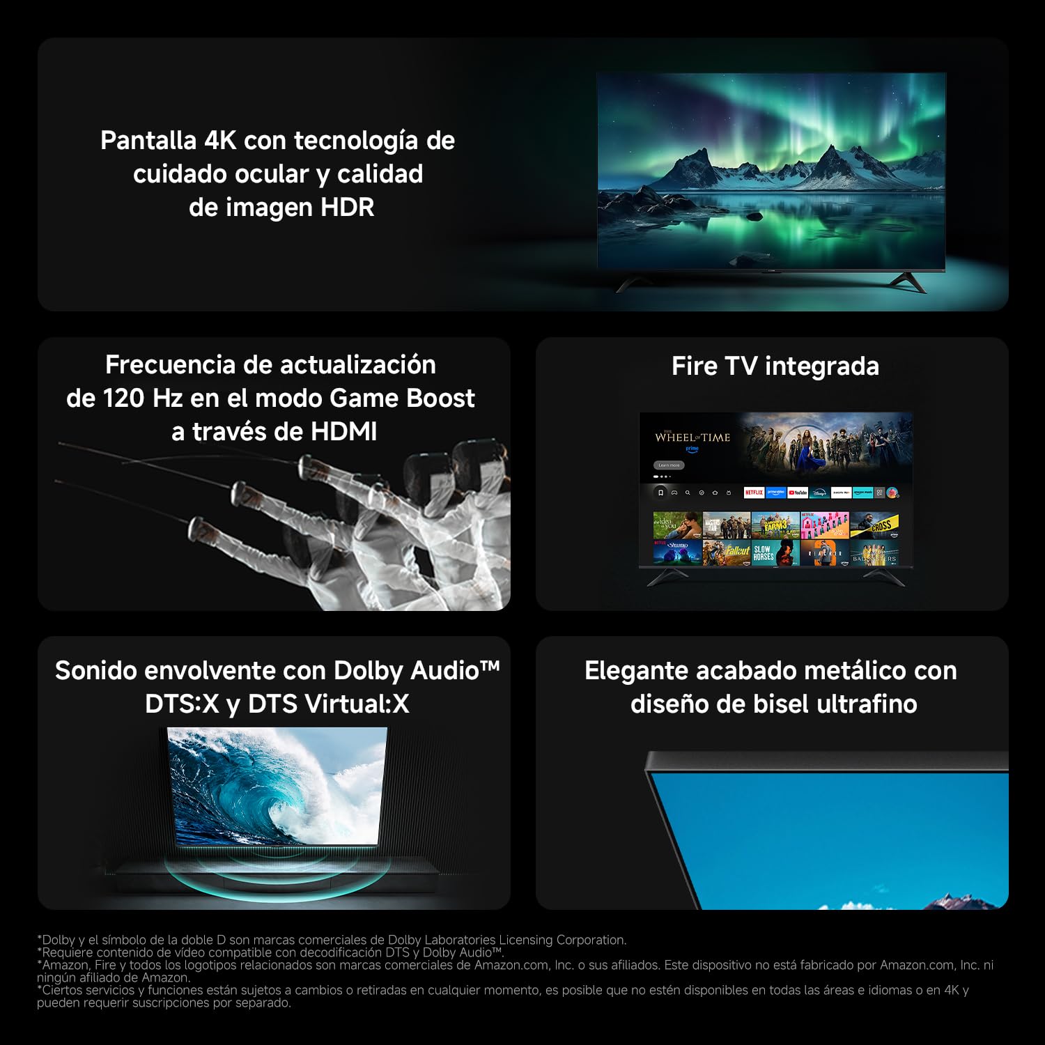 Infografía Xiaomi TV F 65 pulgadas con funciones 4K HDR, Game Boost 120Hz, Fire TV, Dolby Audio y bisel ultrafino