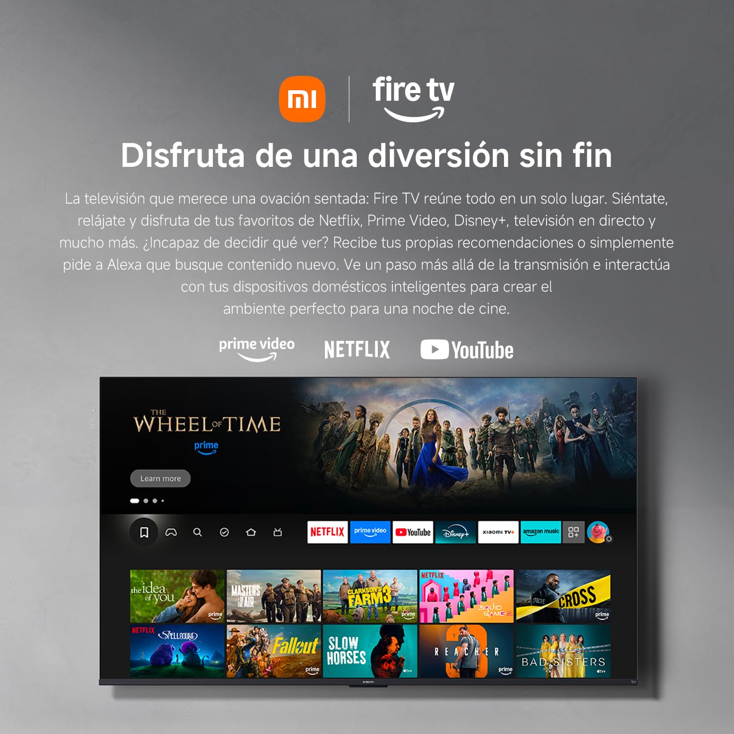 Smart TV Xiaomi F 65 pulgadas 4K con Fire TV integrado mostrando interfaz y aplicaciones de streaming.