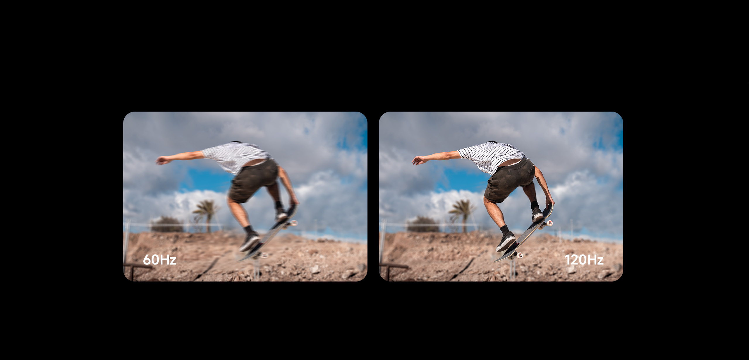 Comparación de frecuencia de actualización 60Hz vs 120Hz mostrando a un skater en acción.