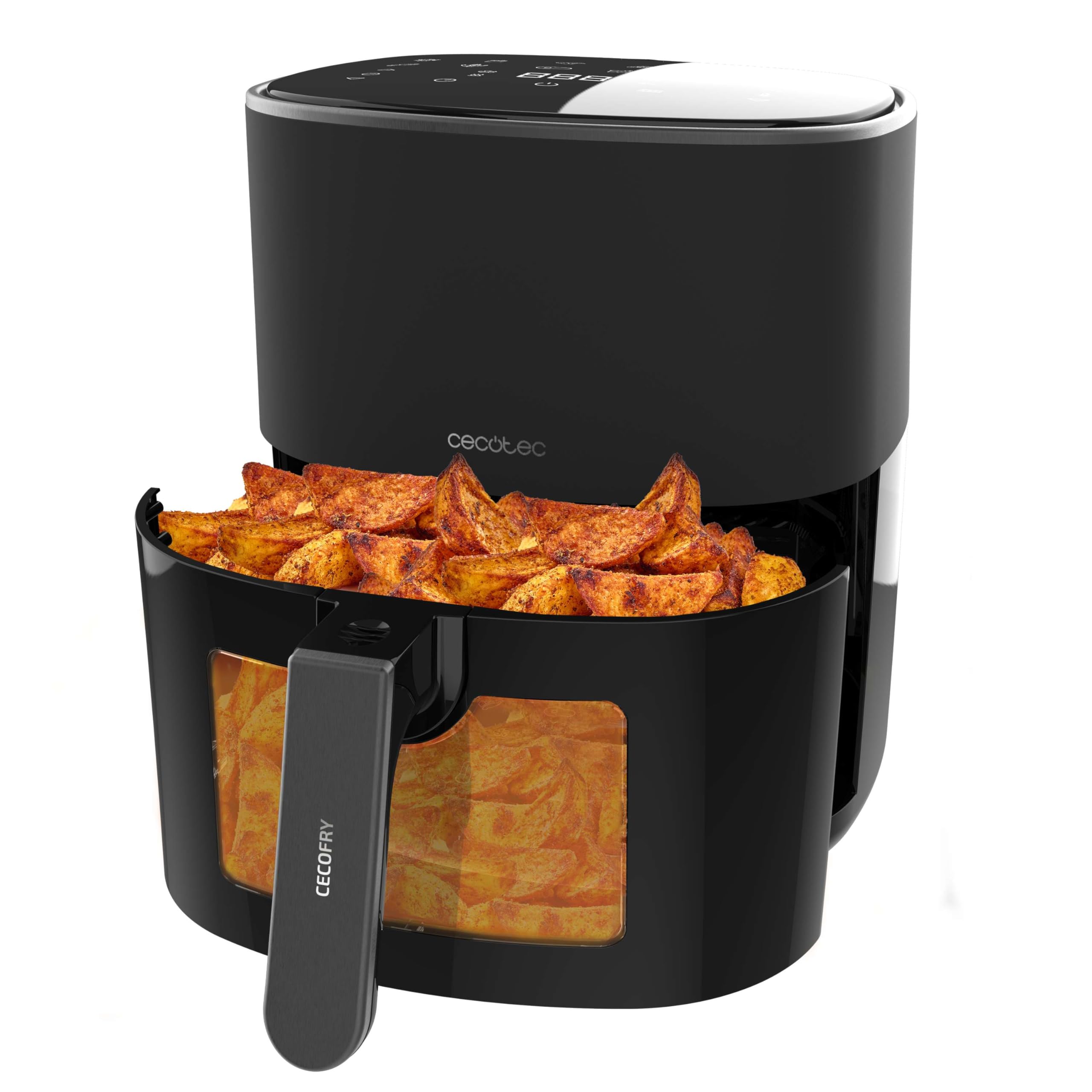 Freidora de aire Cecotec Cecofry Full InoxBlack 5500 Pro con patatas gajo sazonadas en su cesta extraíble