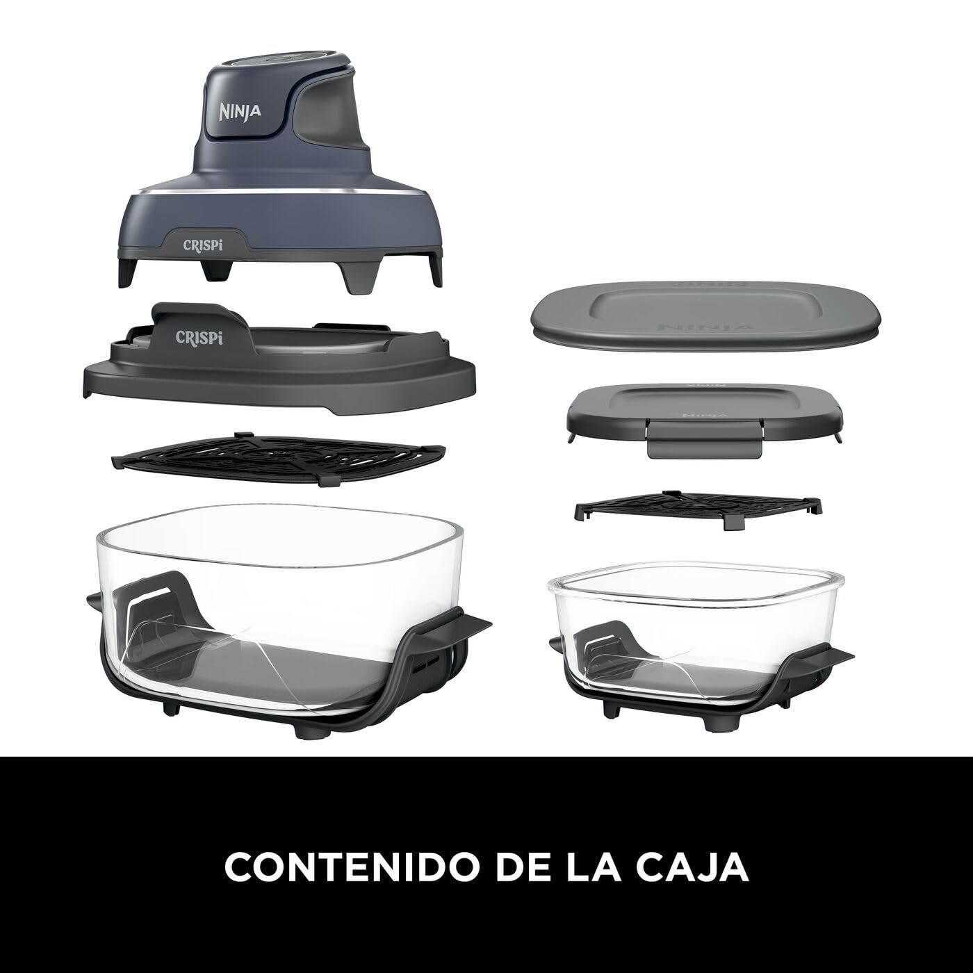 Componentes incluidos de la freidora de aire portátil Ninja CRISPi con base, tapas y recipientes de vidrio