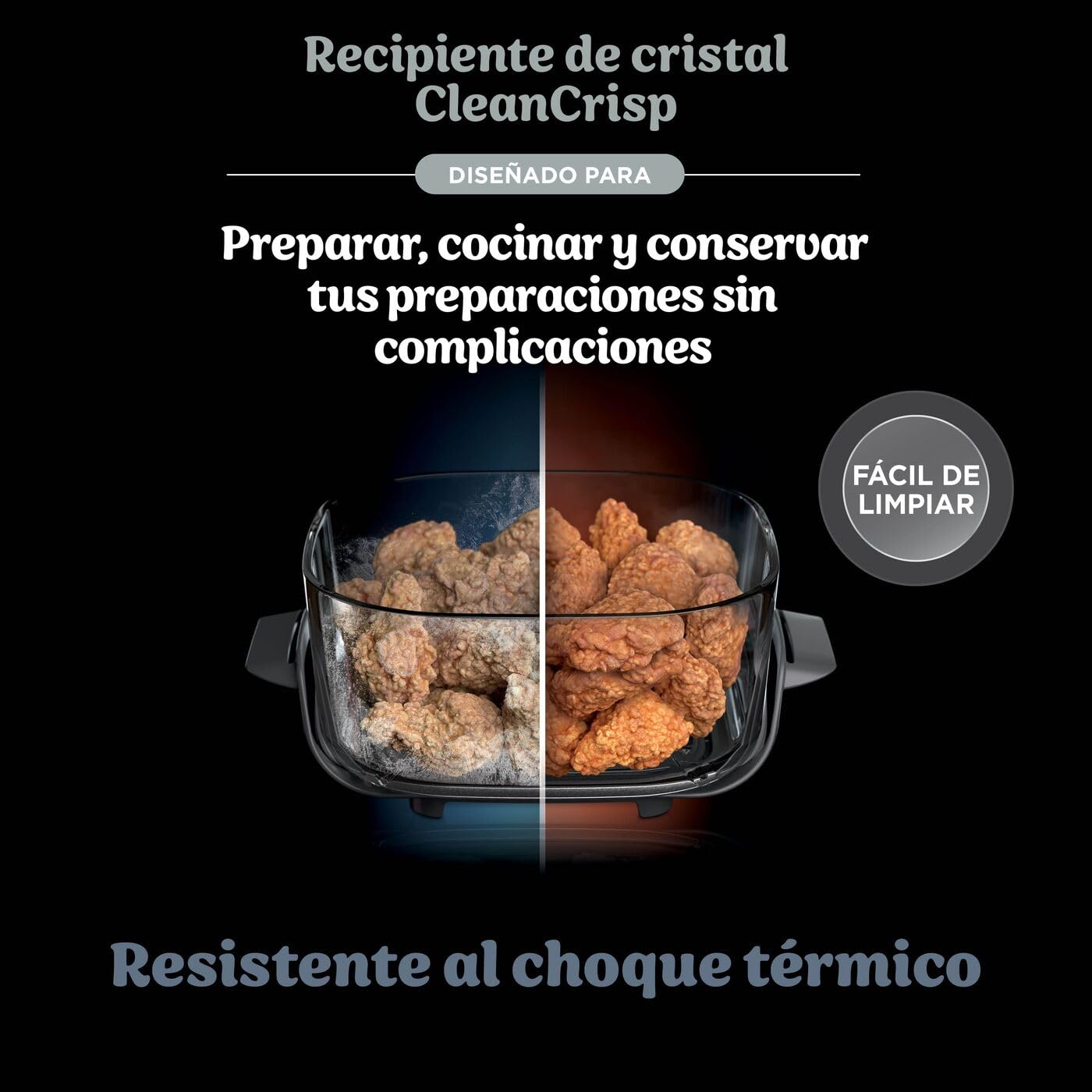Recipiente de cristal CleanCrisp de la freidora Ninja CRISPi con pollo antes y después de cocinar
