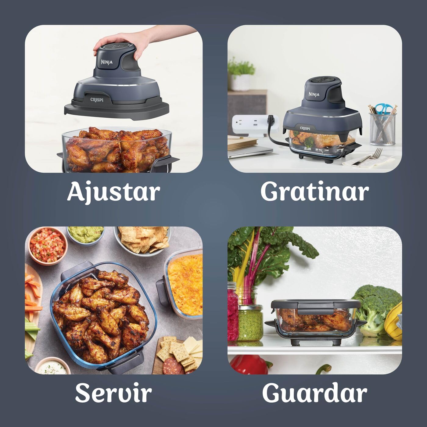 Freidora de aire portátil Ninja CRISPi mostrando sus 4 funciones: ajustar, gratinar, servir y guardar