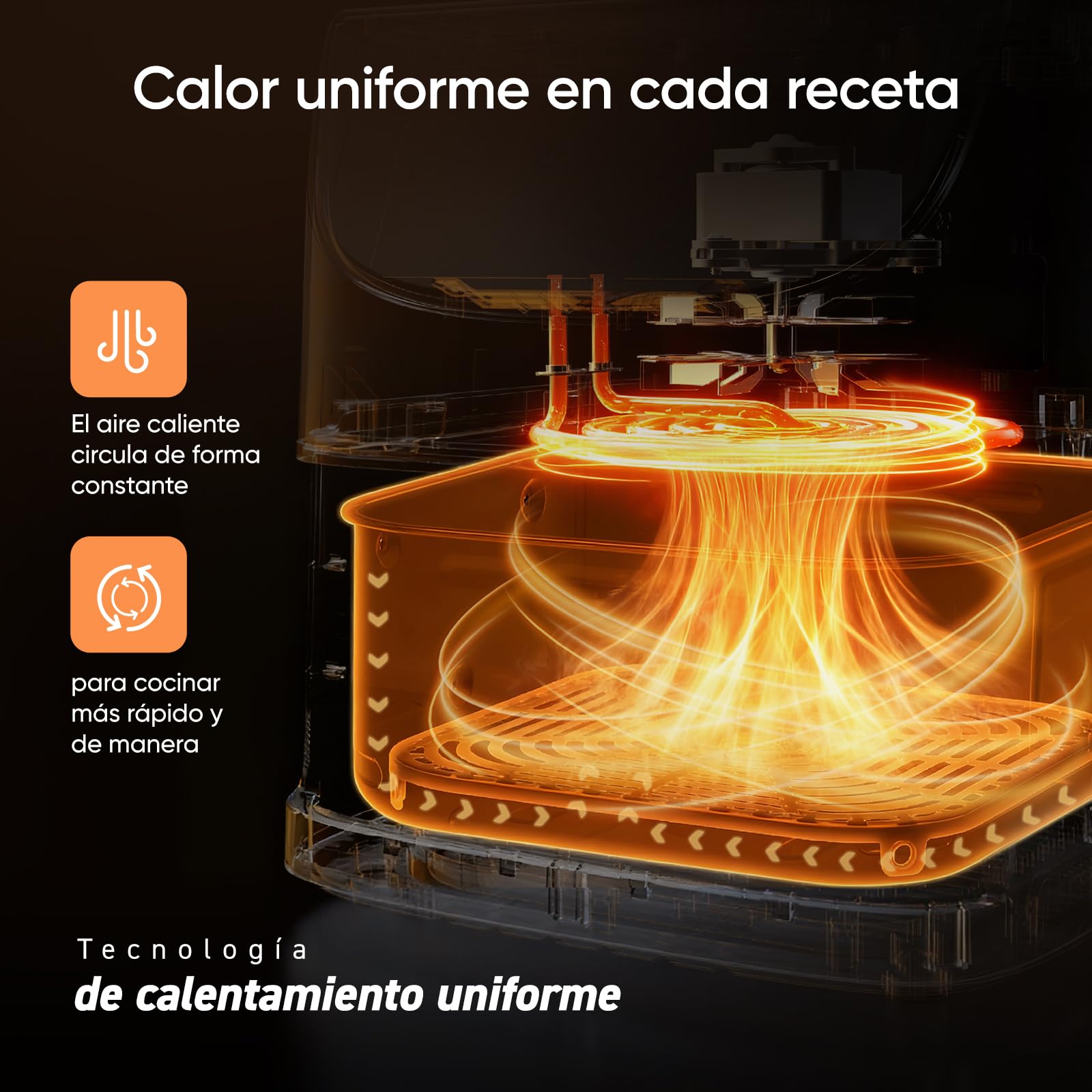 Render técnico del flujo de aire caliente en freidora de aire Cosori con tecnología de calentamiento uniforme.