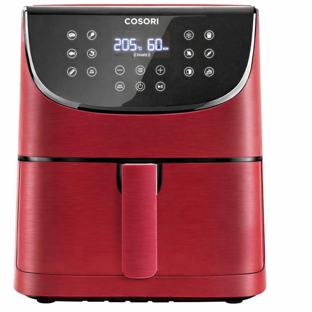 Freidora de aire Cosori 5,7L roja con panel digital táctil y 13 programas automáticos.