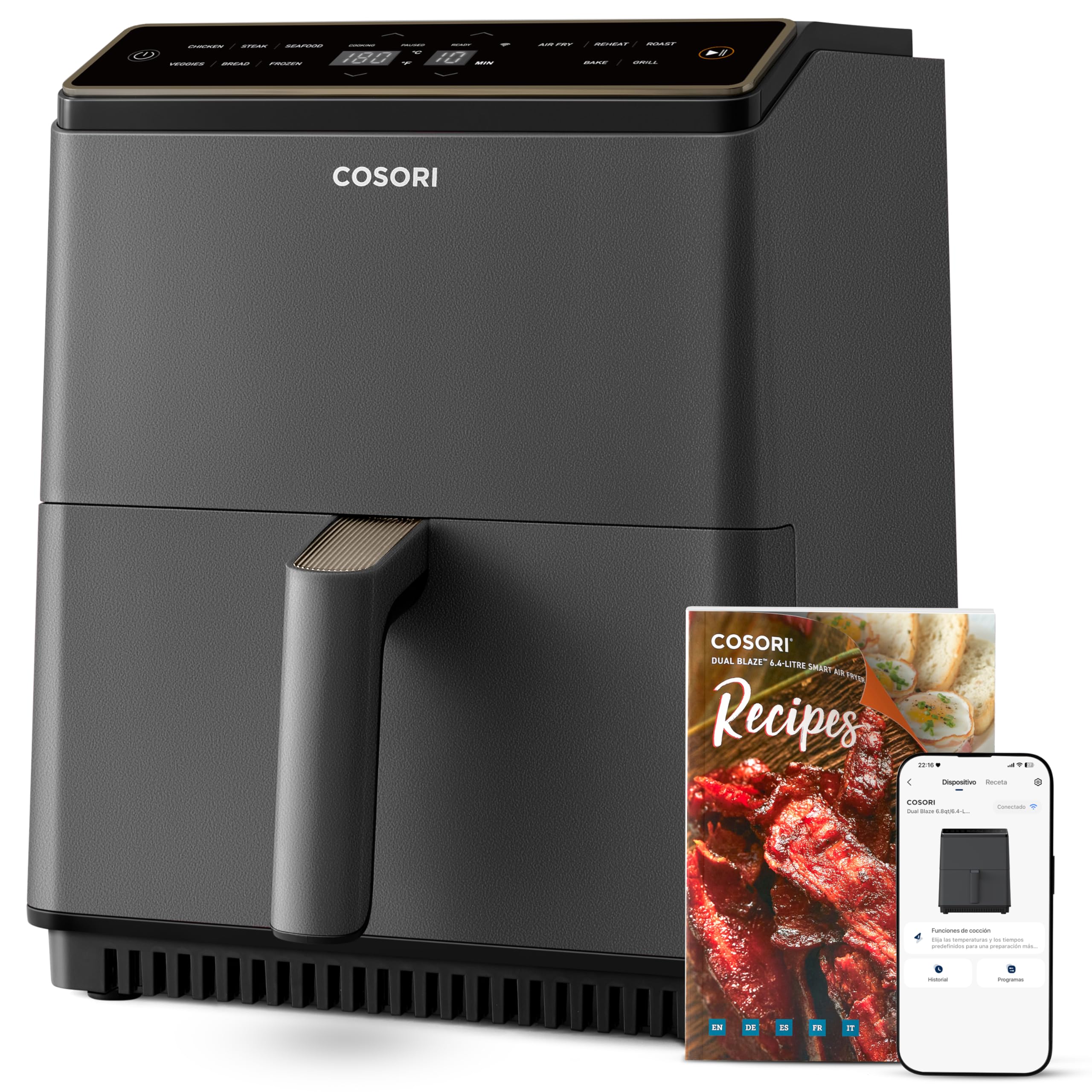 Freidora de aire Cosori 5,7L negra con panel digital, recetario y app móvil