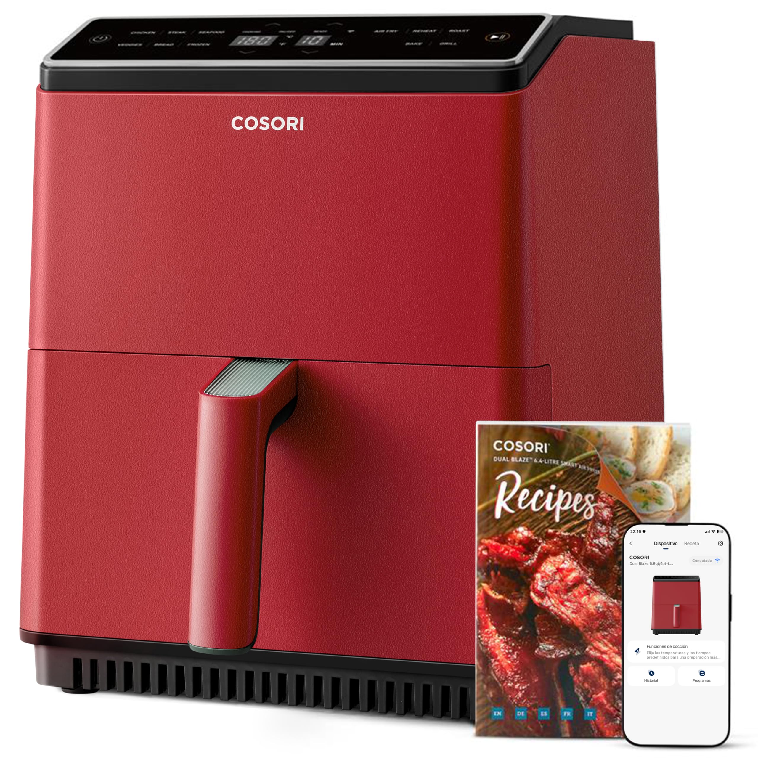 Freidora de aire Cosori roja de 5,7L con panel táctil, recetario y app móvil.