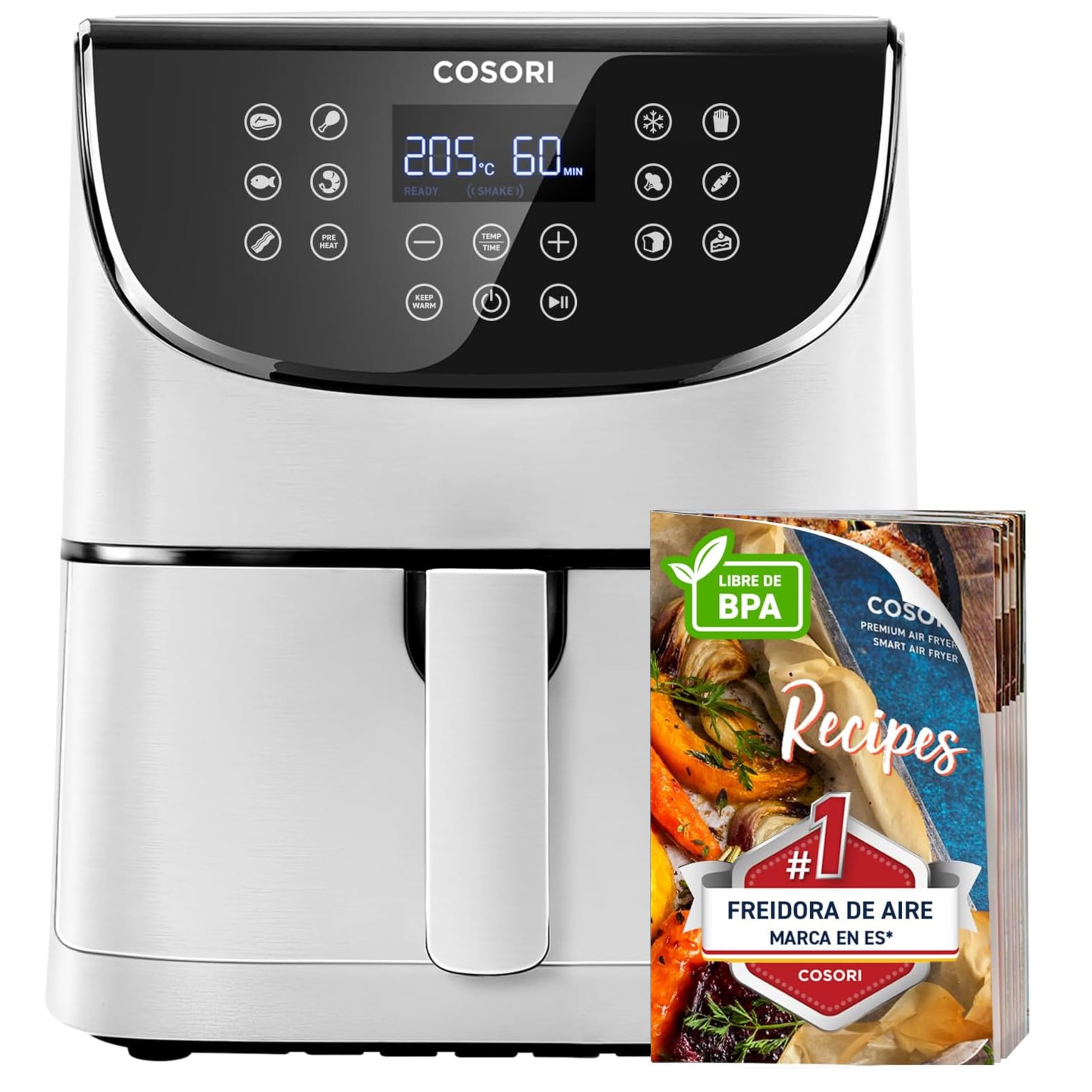 Freidora de aire Cosori 5,7L plateada con panel digital táctil y recetario de recetas incluido.