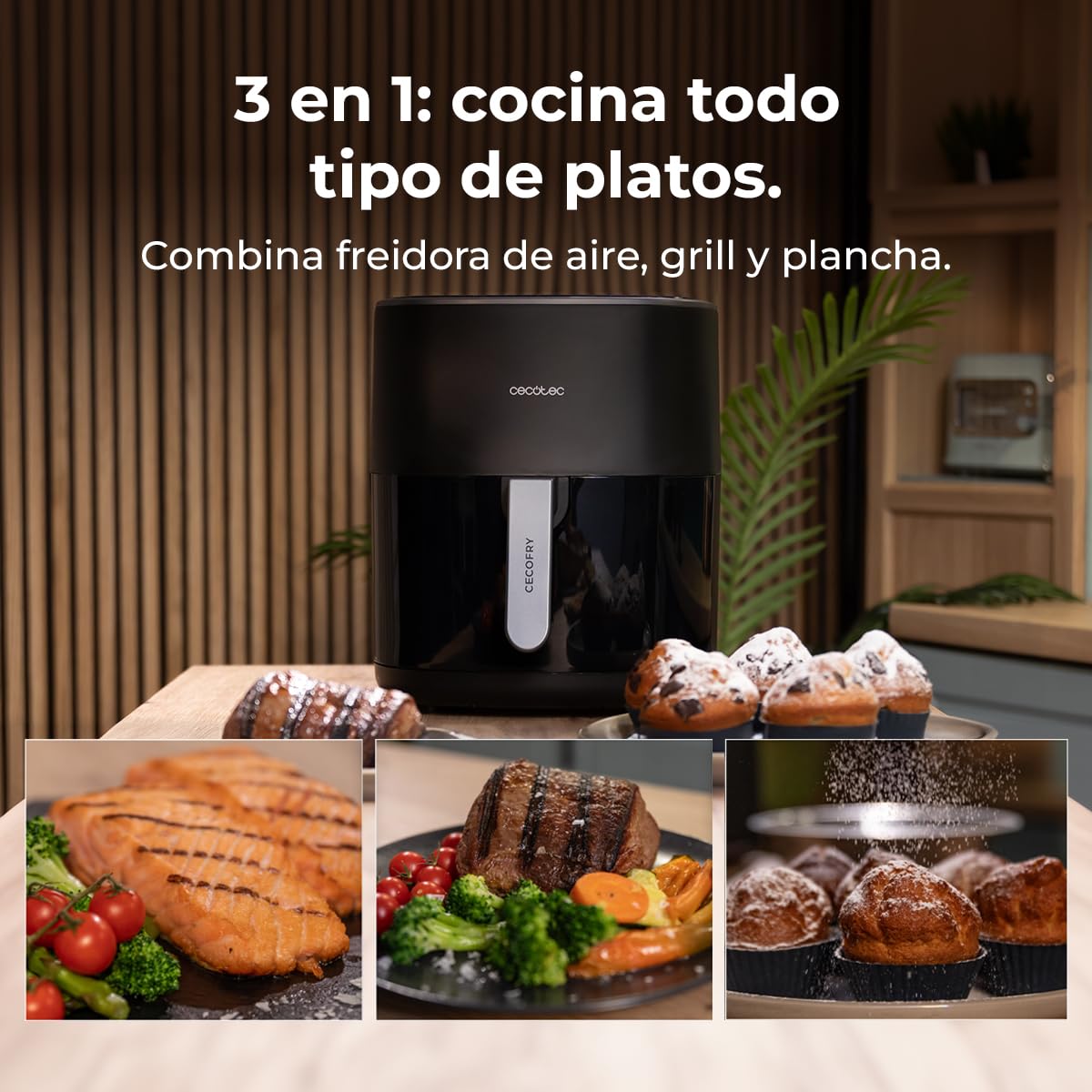 Freidora de aire Cecotec Cecofry 3 en 1 con grill y plancha en cocina moderna, mostrando platos preparados.