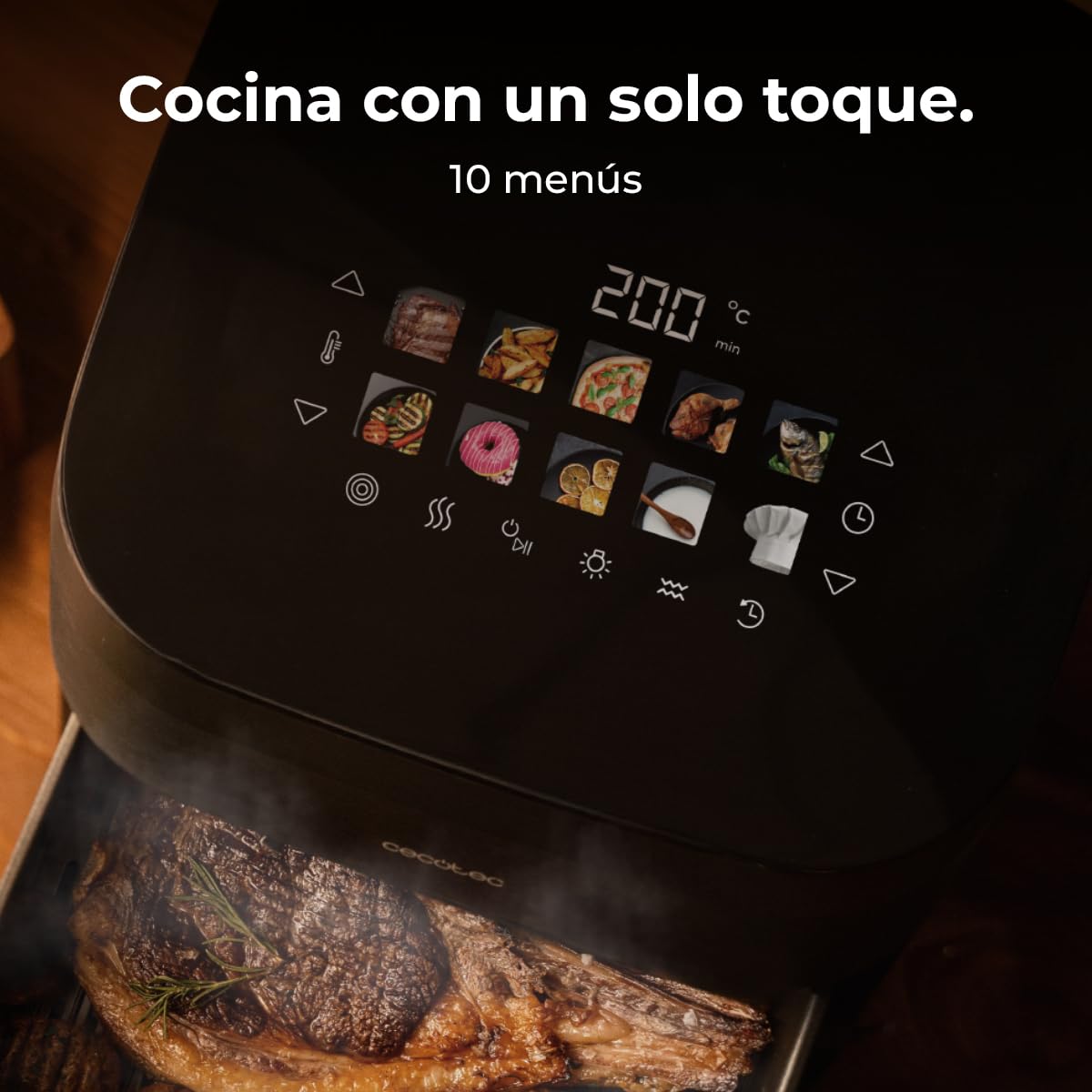 Panel táctil de freidora de aire Cecotec con 10 menús y carne asada con marcas de grill